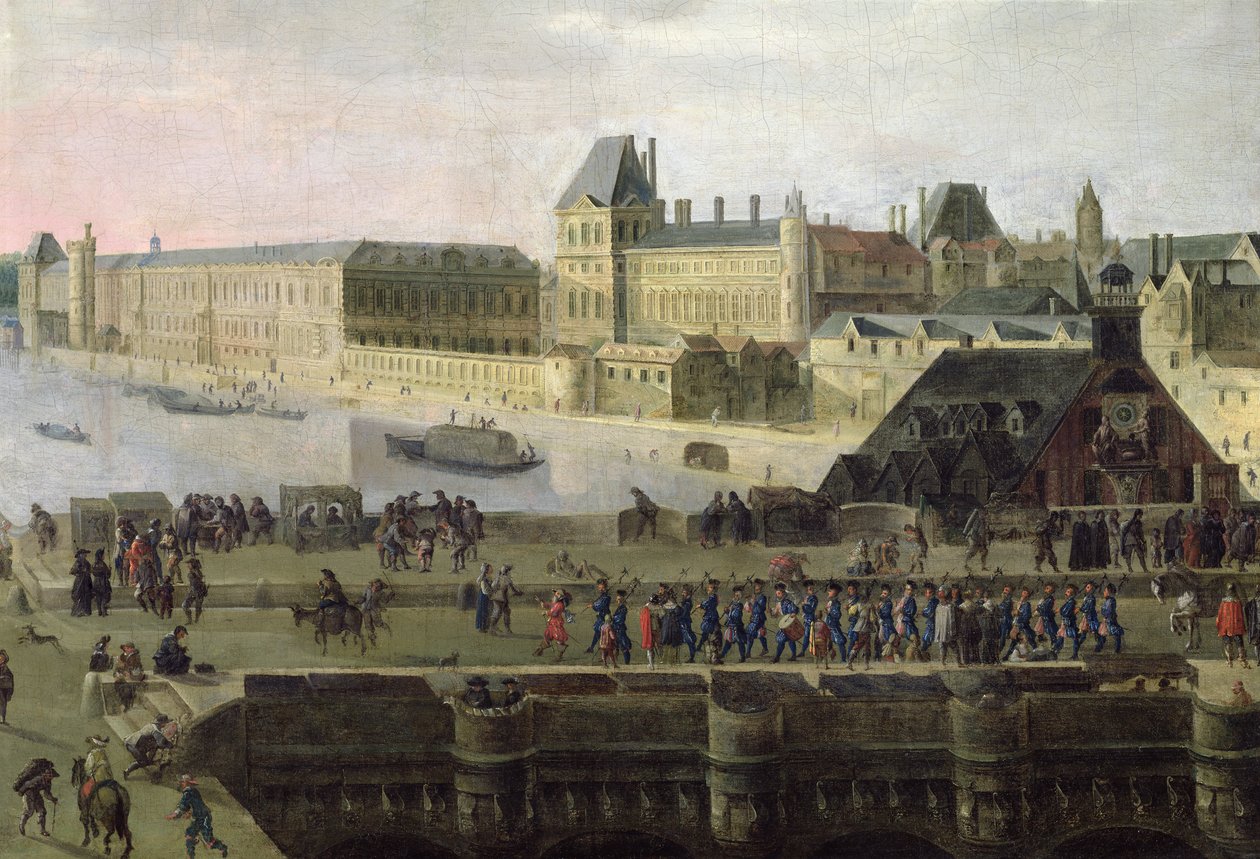 Pont-Neuf和塞纳河的看法看下游，桥梁和卢浮宫的细节，c.1633 作者 佛兰芒学校