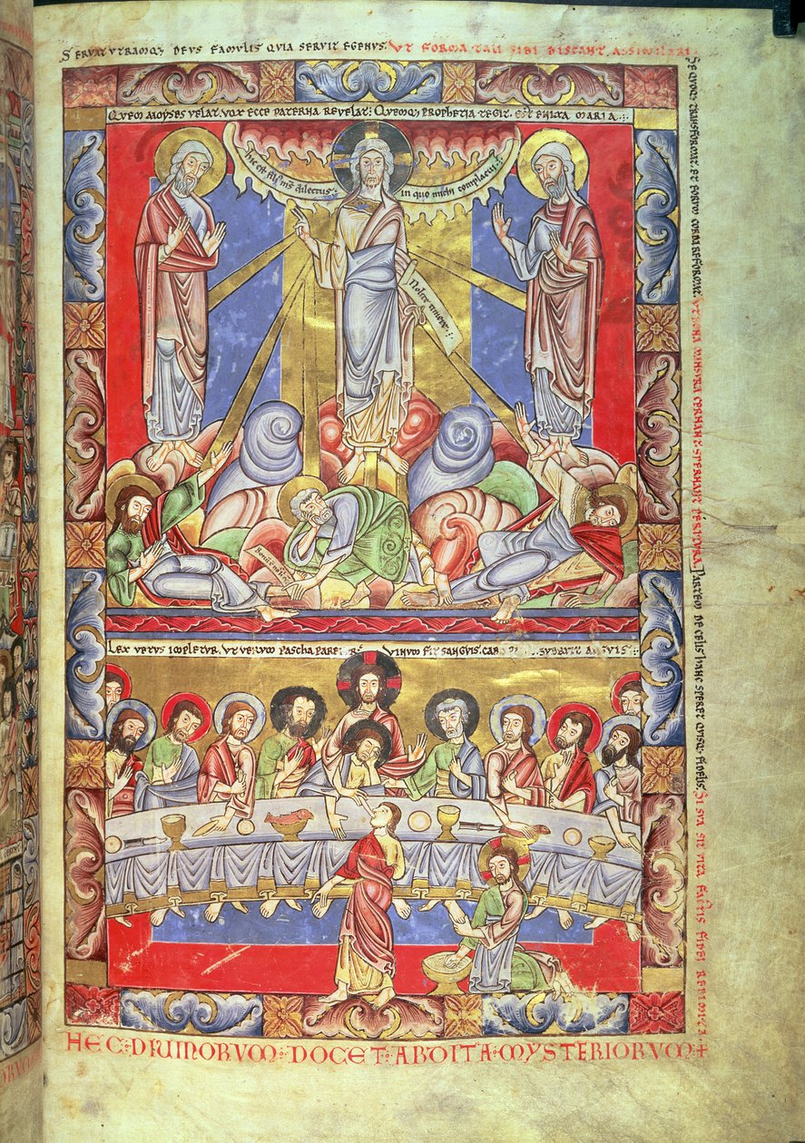 Add 17738 Vol II f.4 变容，最后的晚餐，选自 Floreffe Bible，约 1156 年（牛皮纸）。 作者 佛兰芒学校