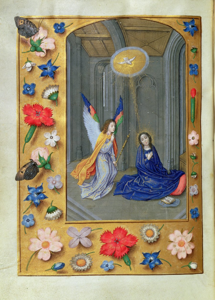 附加 54782，f.73v：天使报喜，选自《黑斯廷斯小时集》，约 1475-83 年（牛皮纸） 作者 佛兰芒学校