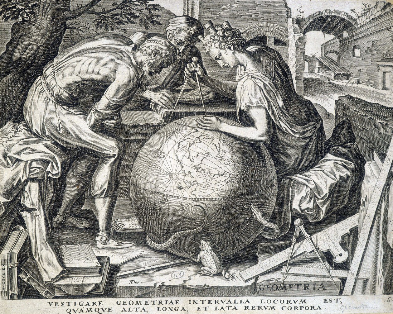Characters leaning above the globe with comppas (allegory of geometry) - engraving, Flanders 作者 佛兰芒学校