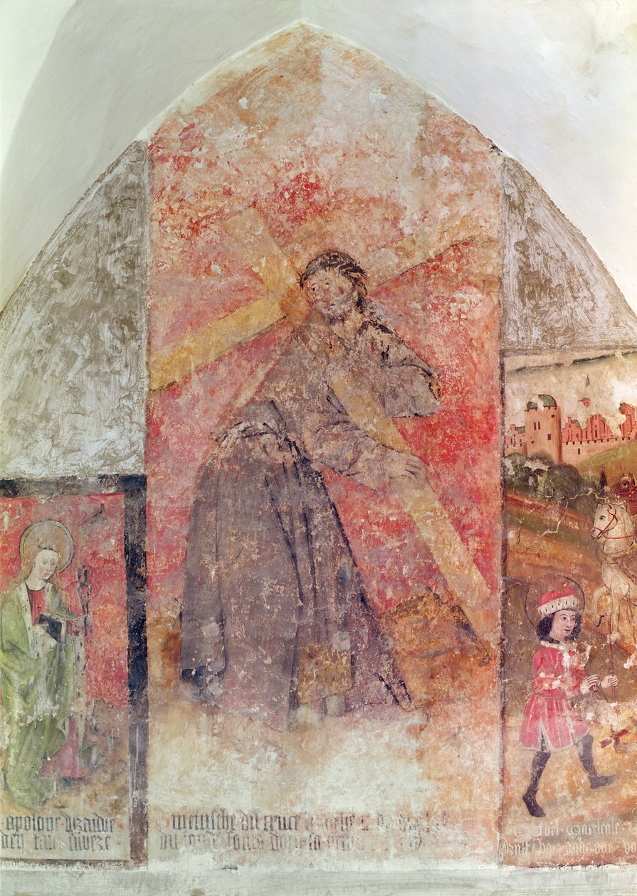 基督带着十字架，壁画在地下室，c.1480-1540 作者 佛兰芒学校