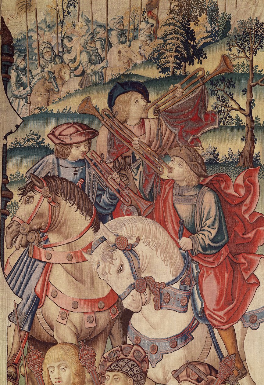 在马背上的小号手细节，从大卫和Bathsheba挂毯，1510-15 作者 佛兰芒学校