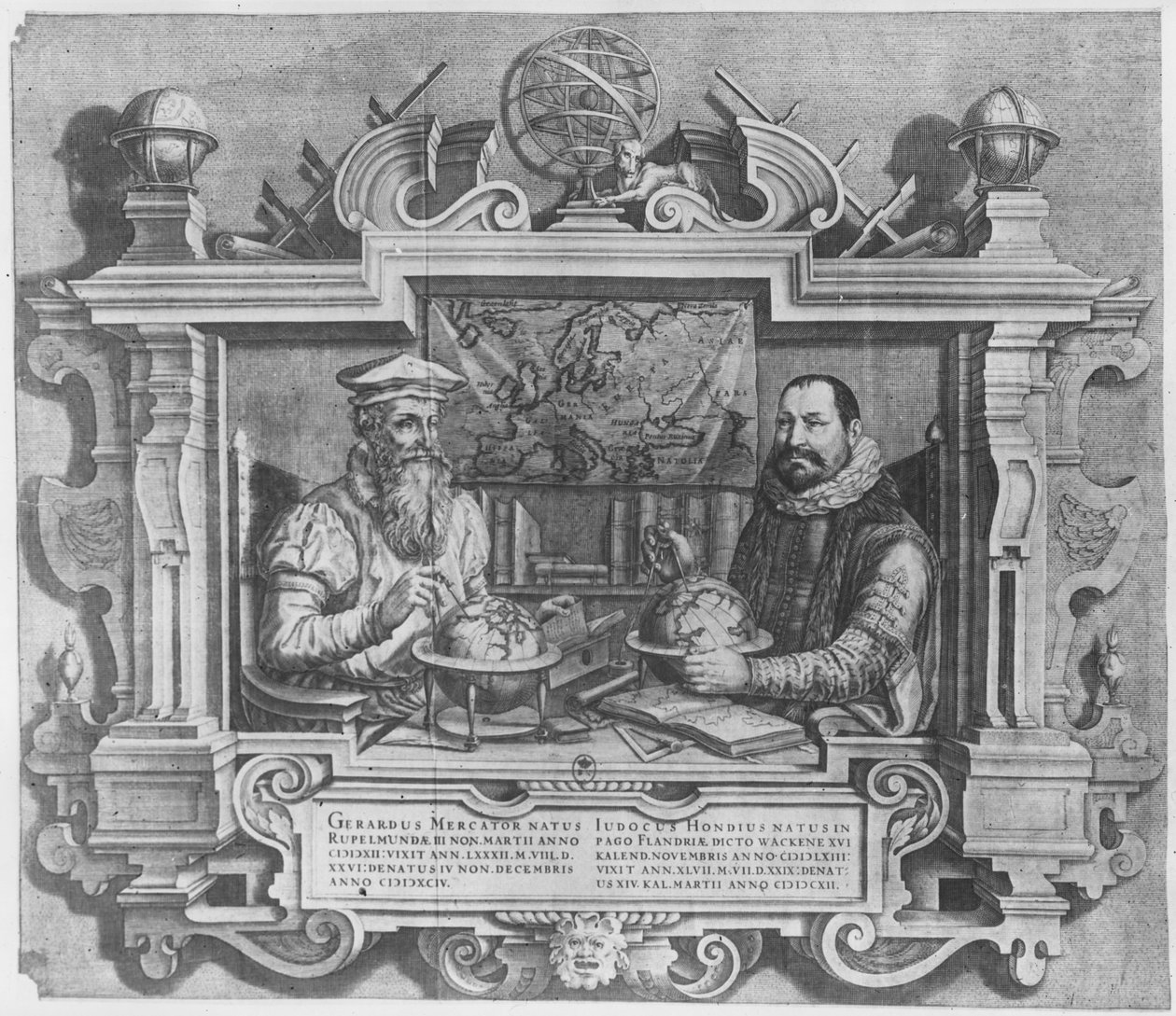 Gerard Mercator（1512-94）和Jodocus Hondius（1563-1612）的双重肖像被刻在墨卡托和本戴斯系列地图集中，包括在1619年（另见10457和30866） 作者 佛兰芒学校
