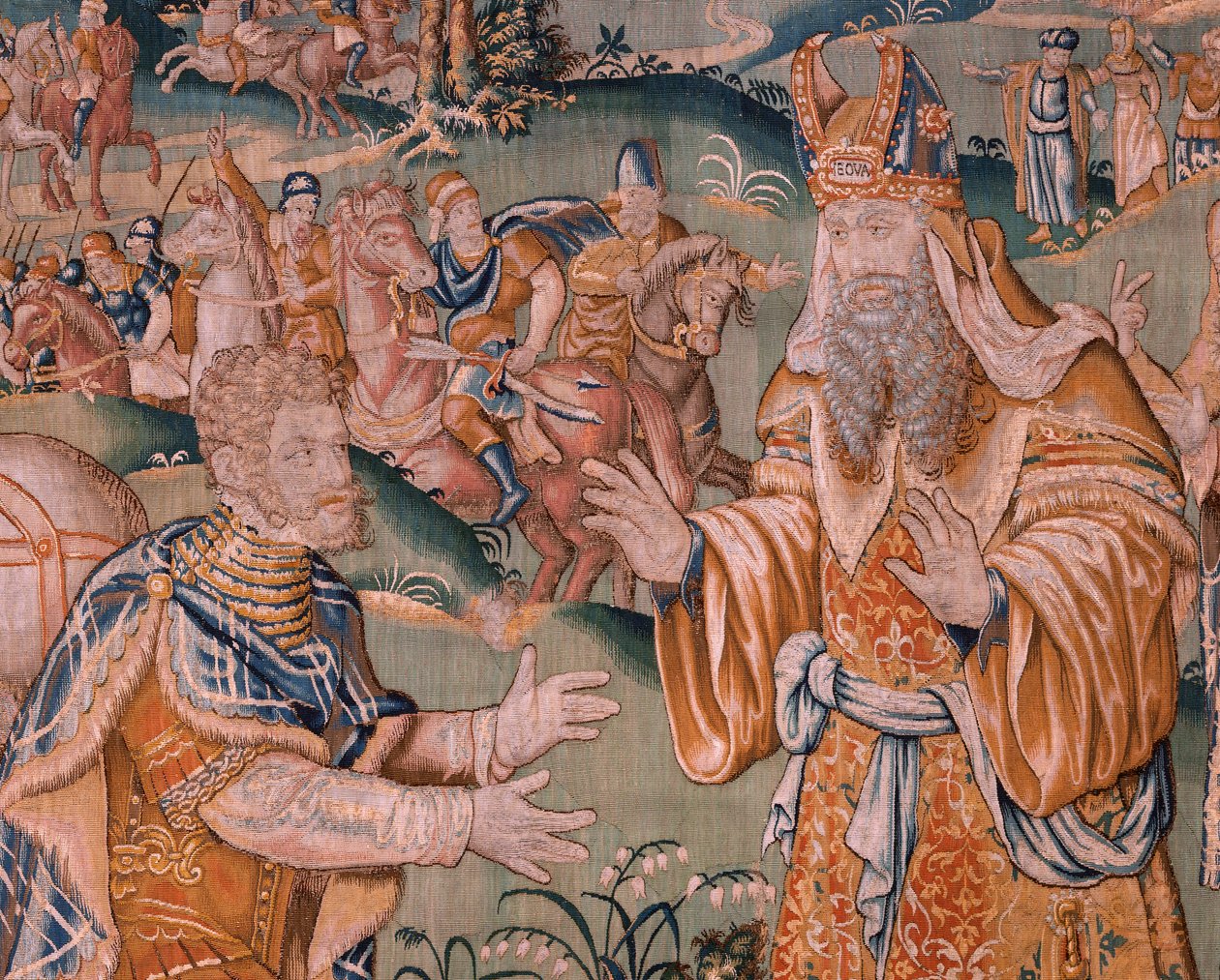 弗拉芒挂毯。大祭司伊阿多面前的亚历山大（Alexander voor de Hogepriester Iaddo）。奥德纳德工作室。374x447 厘米。Inv(830-B)4 00010。17 世纪。 作者 佛兰芒学校