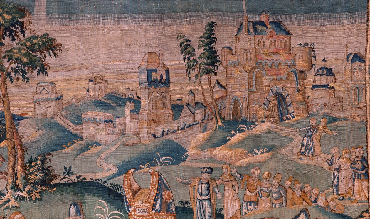 弗拉芒挂毯。大祭司伊阿多面前的亚历山大（Alexander voor de Hogepriester Iaddo）。奥德纳德工作室。374x447 厘米。Inv(830-B)4 00010。17 世纪。 作者 佛兰芒学校