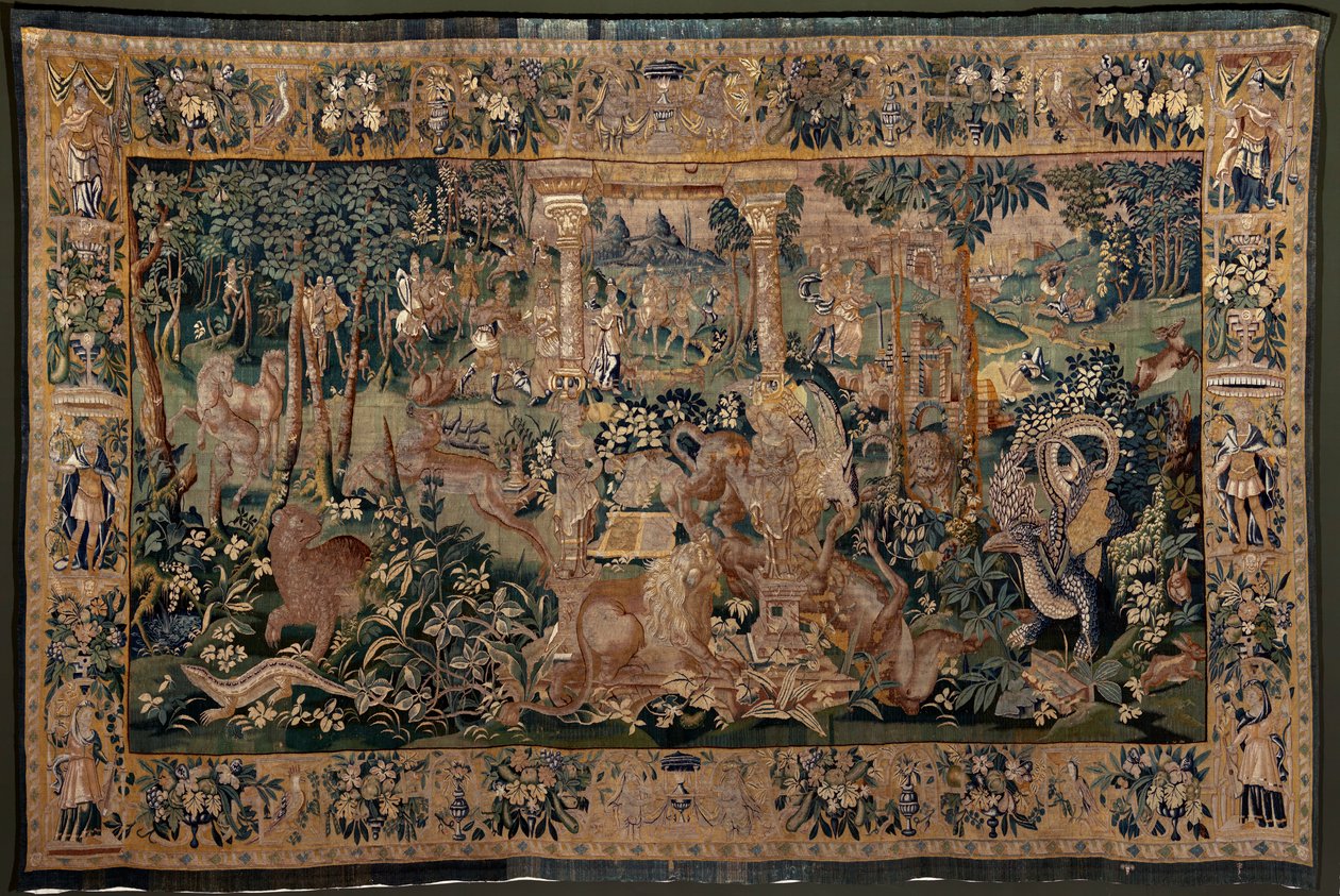佛兰德挂毯。带凉棚和大型野兽的风景画，有两根圆柱。Oudenaarde 工作室。319x508 厘米。发票 0023。17 世纪。 作者 佛兰芒学校