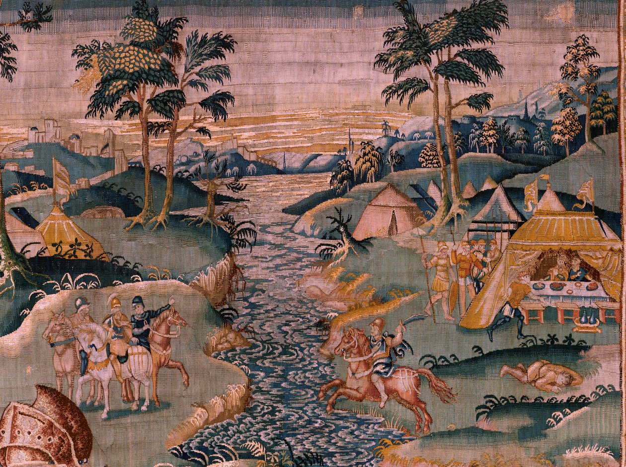 弗拉芒挂毯。格拉尼克斯河附近的军营（Het legerkamp bij de rivier Granikos）。奥德纳德工作室。377x393 厘米。Inv 83104-9 /00011。17 世纪。 作者 佛兰芒学校