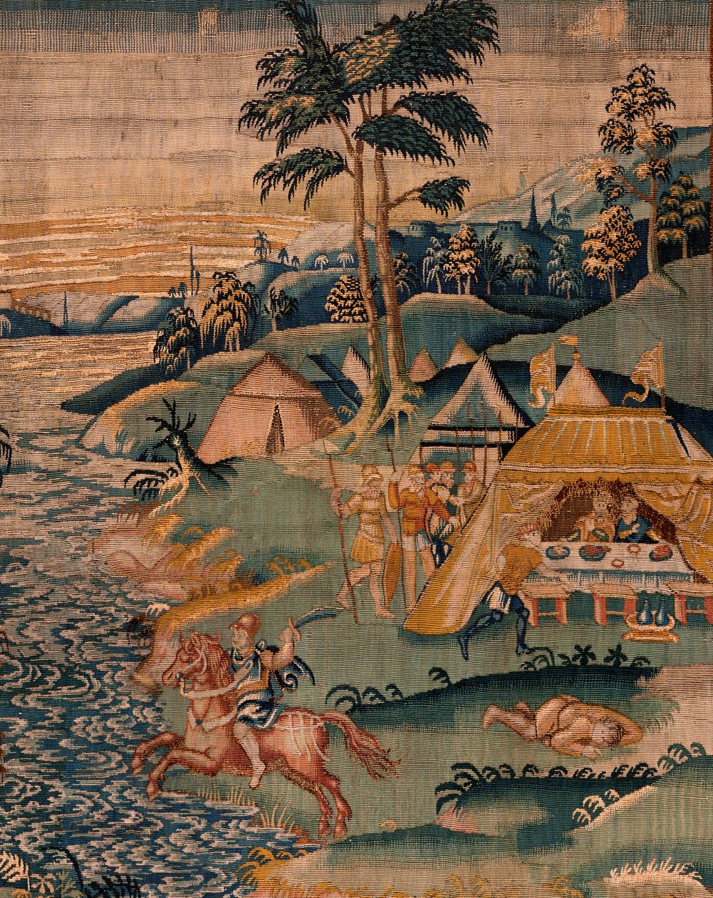 弗拉芒挂毯。格拉尼克斯河附近的军营（Het legerkamp bij de rivier Granikos）。奥德纳德工作室。377x393 厘米。Inv 83104-9 /00011。17 世纪。 作者 佛兰芒学校