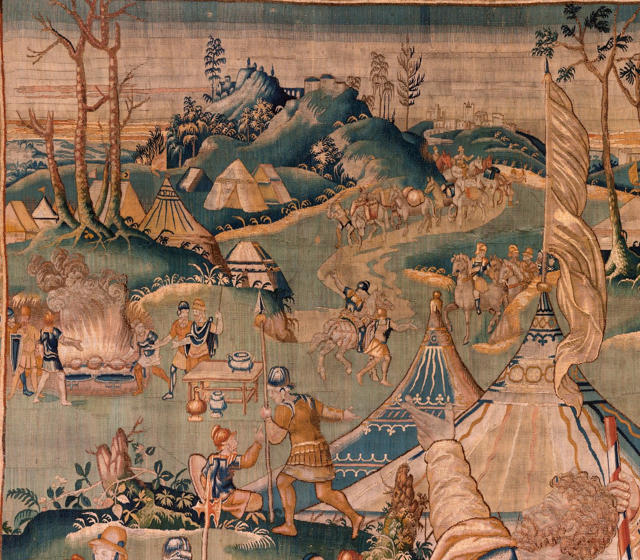 弗拉芒挂毯。格拉尼克斯河附近的军营（Het legerkamp bij de rivier Granikos）。奥德纳德工作室。377x393 厘米。Inv 83104-9 /00011。17 世纪。 作者 佛兰芒学校
