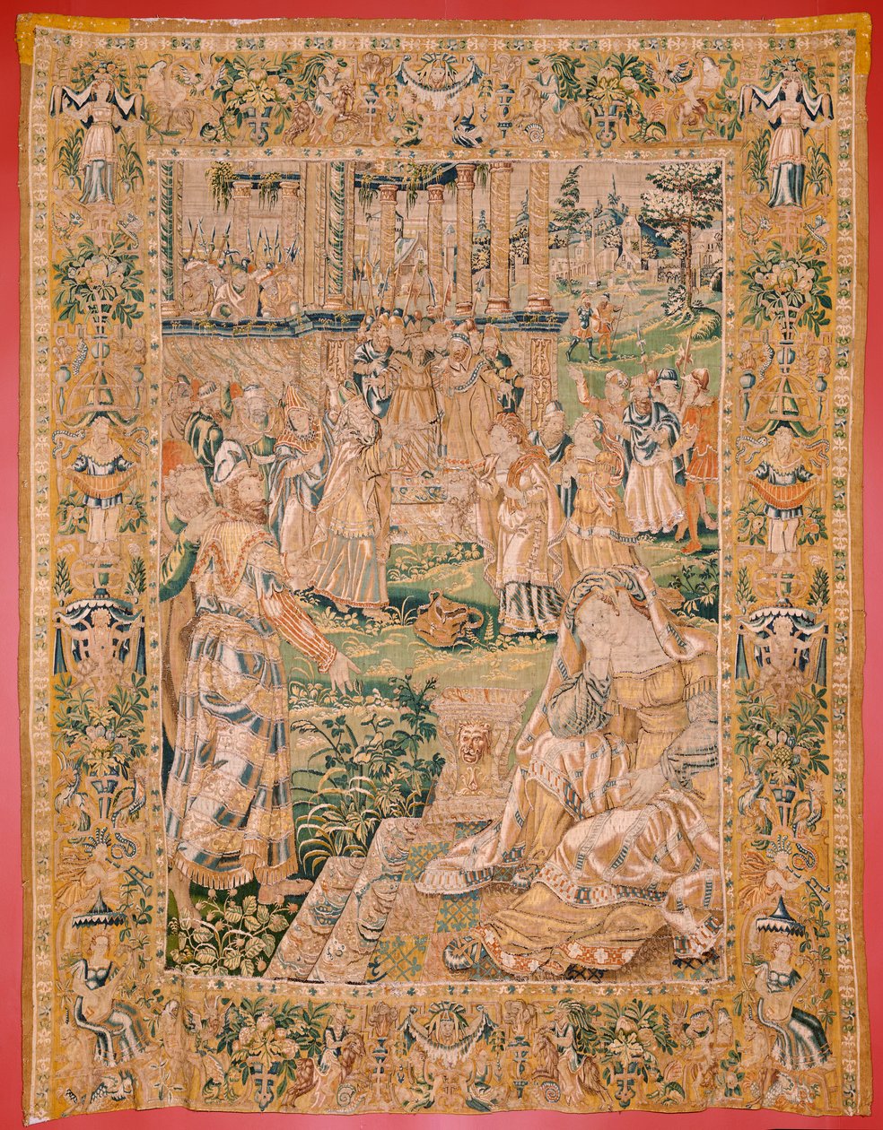 佛兰德挂毯朱迪丝之书》系列。朱迪丝展示霍罗费恩的头颅（Judith muestra la cabeza de Holofernes）。系列挂毯中的第九幅。产地：荷兰，布鲁塞尔（？）16 世纪下半叶。织物：羊毛。地点：布鲁塞尔圣 作者 佛兰芒学校
