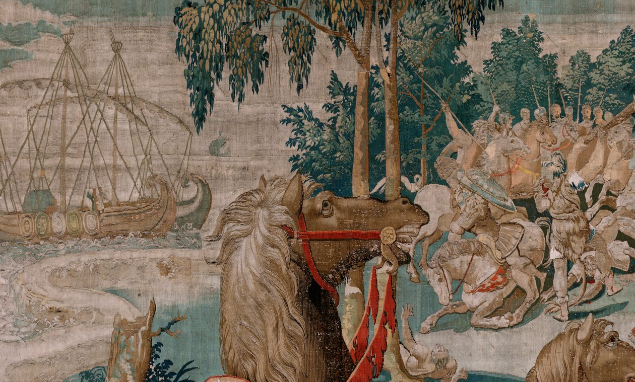 佛兰德挂毯赫拉克勒斯的劳作》系列。狄俄墨得斯的马》（Los caballos de Diomedes）。现存系列中的第三幅挂毯。型号未知。布鲁塞尔 Willem Dermoyen 制造。作于 Ca1528 年。织物：丝绸和羊毛。尺寸 350 x 400 厘米。地点：皇家 作者 佛兰芒学校