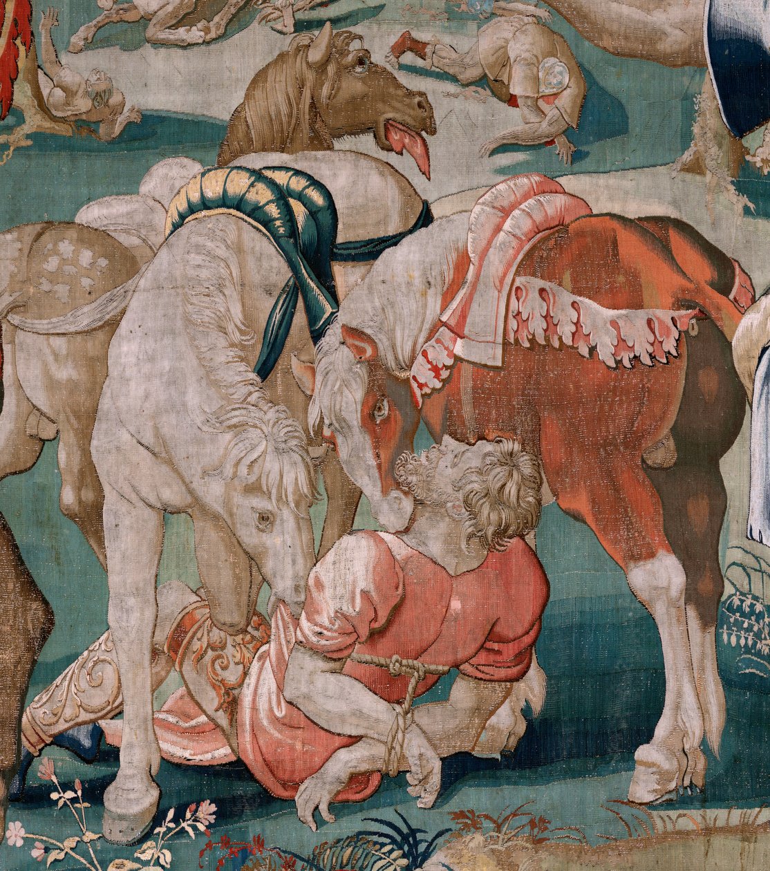佛兰德挂毯赫拉克勒斯的劳作》系列。狄俄墨得斯的马》（Los caballos de Diomedes）。现存系列中的第三幅挂毯。型号未知。布鲁塞尔 Willem Dermoyen 制造。作于 Ca1528 年。织物：丝绸和羊毛。尺寸 350 x 400 厘米。地点：皇家 作者 佛兰芒学校