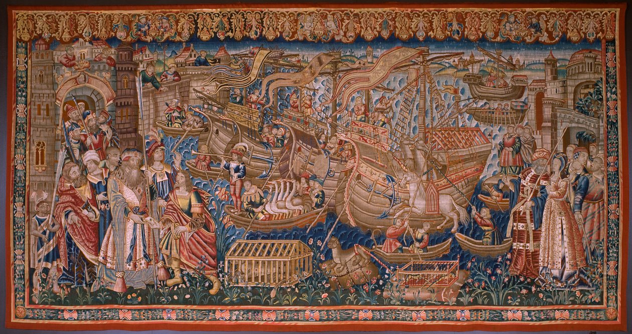 佛兰德挂毯葡萄牙人在印度》系列：抵达卡利卡特（De Aankomst in Calicut, Llegado de Vasco de Gama a Lisboa）。约 1510 年。Caixa Geral de Depósitos 藏品，里斯本。 作者 佛兰芒学校