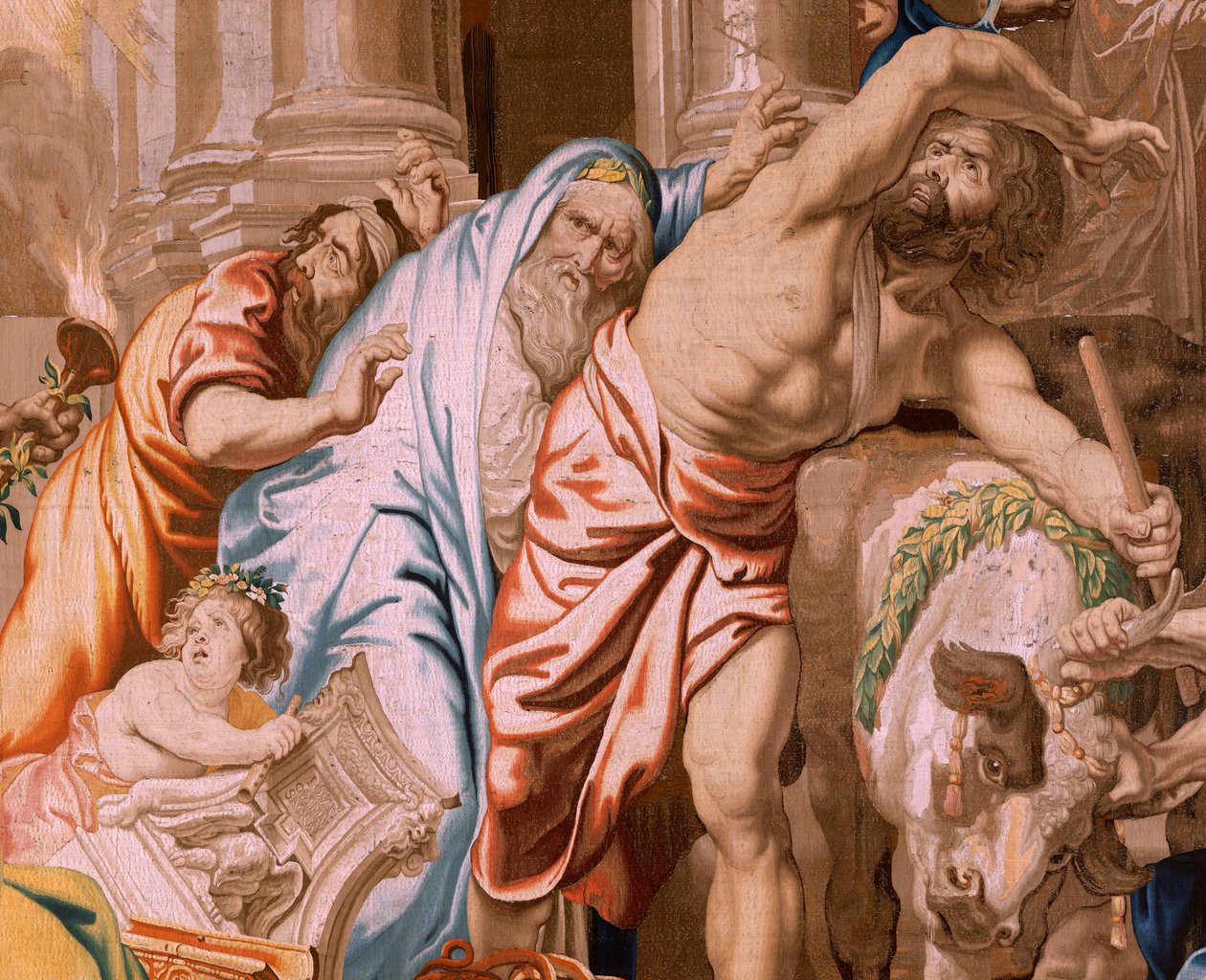 弗拉芒挂毯圣体的胜利》系列。圣餐战胜异教祭品（Victoria de la Eucaristía sobre los sacrificios paganos）。该系列的第四幅挂毯。模型：彼得-保罗-鲁本斯。1626-1628.生产商：Jan II Raes, Jac 作者 佛兰芒学校