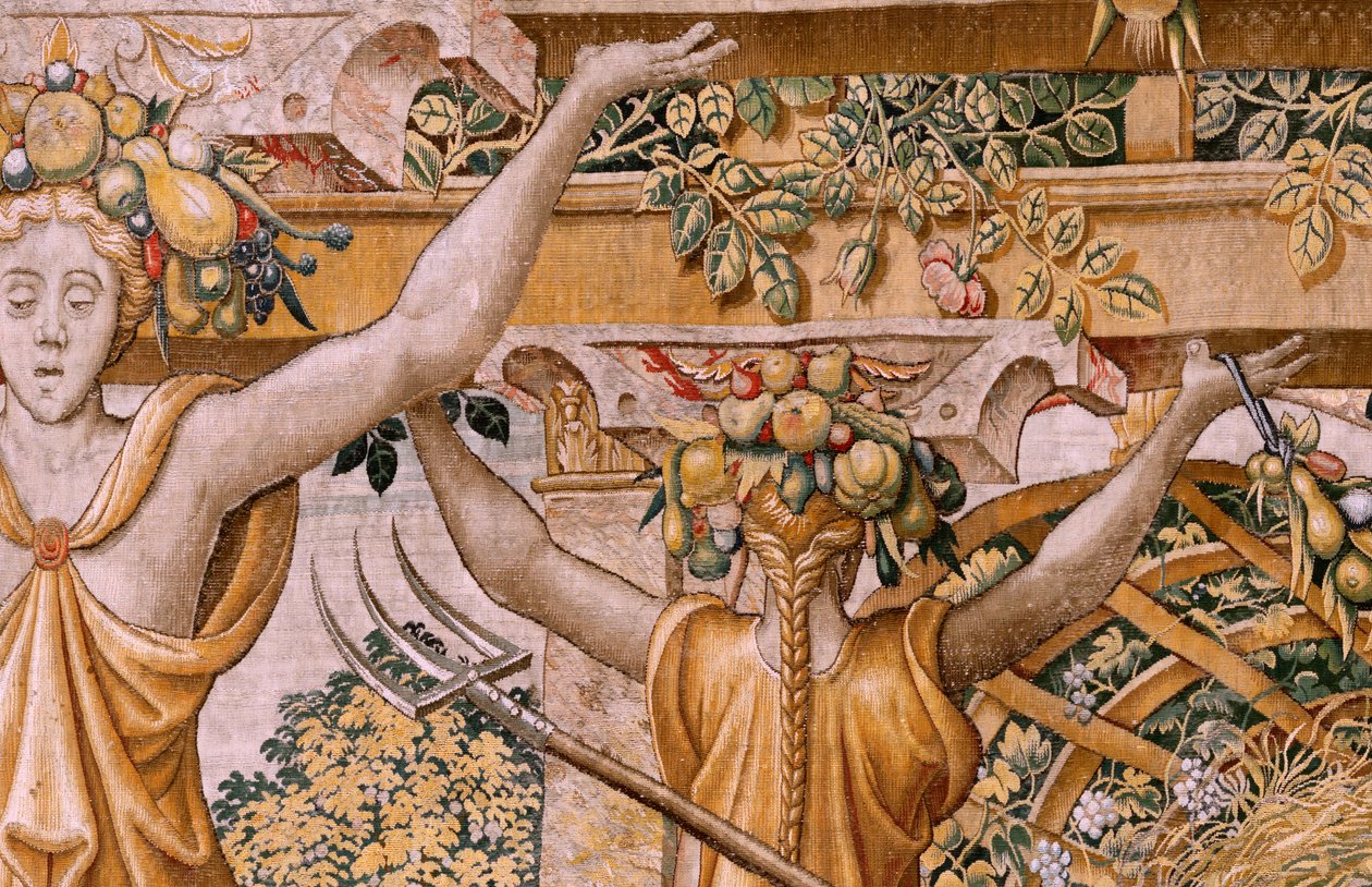 佛兰德挂毯系列 Vertumnus 和 Pomona。第 II 号变身农夫的 Vertumnus (Vertumno y Pomona II Vertumno transformado en agricultor) No1 左侧部分。Pieter Coecke Van Aelst 和 Léonard Thiry 的模型。工作室不详，布鲁塞尔。金色、 作者 佛兰芒学校