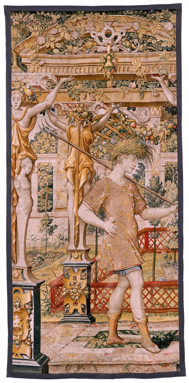 佛兰德挂毯系列 Vertumnus 和 Pomona。第 II 号变身农夫的 Vertumnus (Vertumno y Pomona II Vertumno transformado en agricultor) No1 左侧部分。Pieter Coecke Van Aelst 和 Léonard Thiry 的模型。工作室不详，布鲁塞尔。金色、 作者 佛兰芒学校