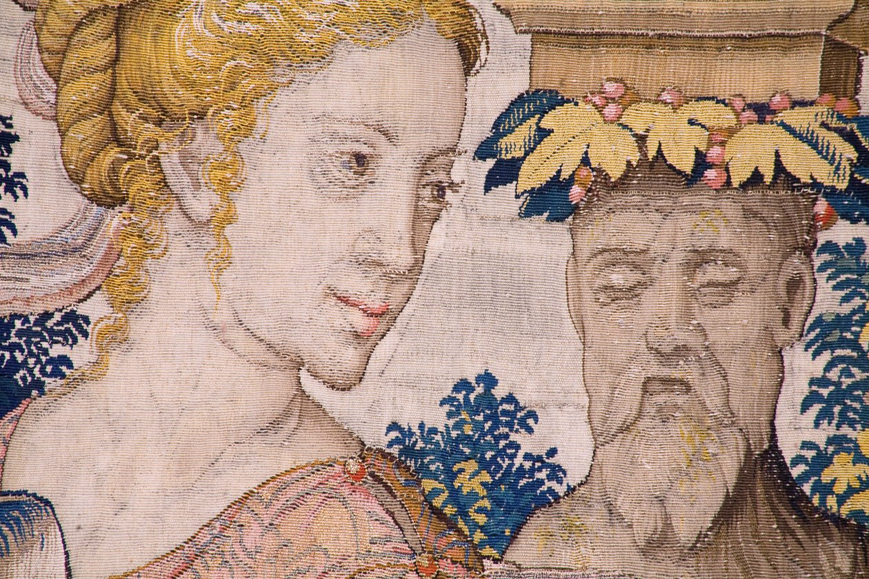 佛兰德挂毯系列 Vertumnus 和 Pomona：Vertumnus als landbouwer，Vertumno transformado en agricultor）。Willem de Pannemaker工作室。约 1545-1550 年。细节。 作者 佛兰芒学校