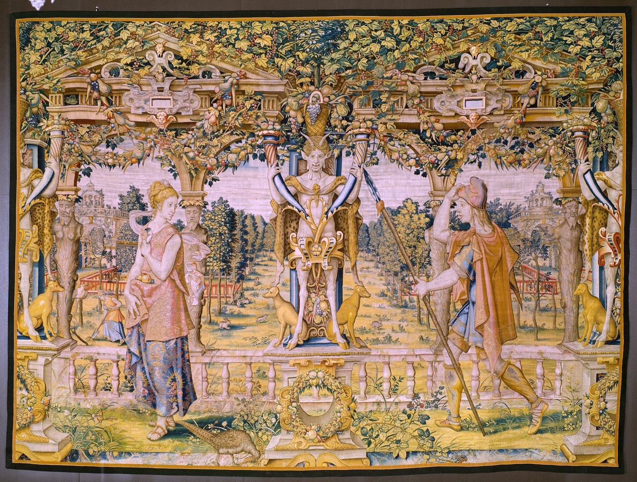 佛兰德挂毯系列 Vertumnus 和 Pomona：Vertumnus als landbouwer，Vertumno transformado en agricultor）。Willem de Pannemaker工作室。约 1545-1550 年。 作者 佛兰芒学校