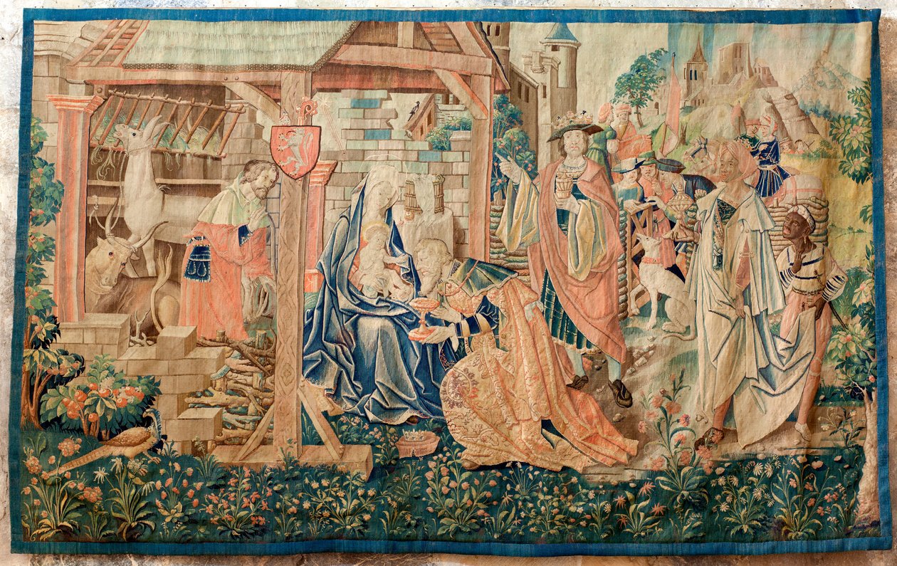 旧大教堂（Ancienne cathédrale Notre-Dame）。博物馆藏品。佛兰德挂毯。玛吉的崇拜。主教让-德-莫莱昂（Jean de Mauléon）的命令。系列挂毯中的一部分，最初挂在穹顶屏风（jubé）座椅上方。16 世纪。 作者 佛兰芒学校