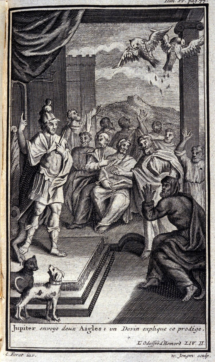 木星送出两只鹰：安抚奶嘴解释了这个神童。 1731 年在阿姆斯特丹出版的《奥德赛》中的《荷马的奥德赛》第二册 Lustration，米兰私人收藏。 作者 佛兰芒学校