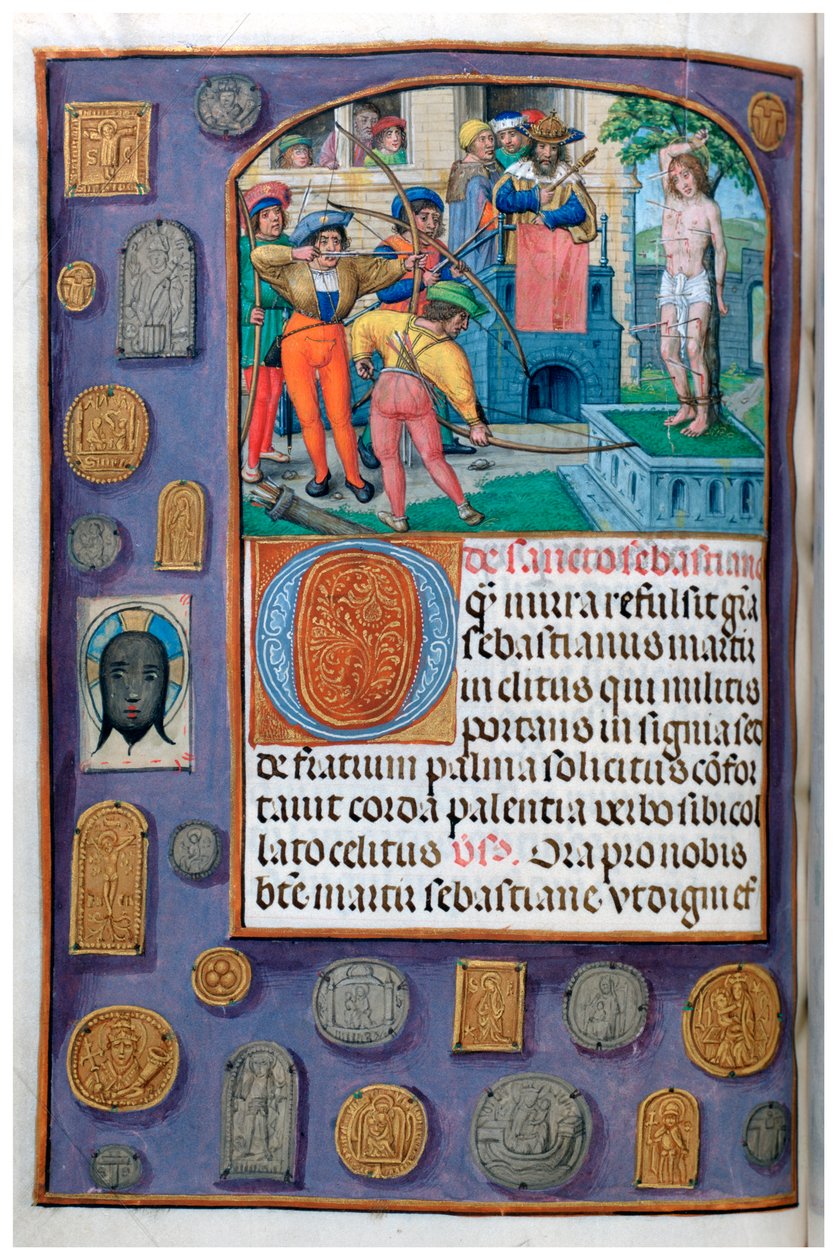 MS 4, vol. 127, f.112v, Martyrdom of St Sebastian with trompe l’oeil border of pilgrim badges and vernicle, from a Book of Hours, Flanders, early sixteenth century (pen & ink and tempera on vellum) 作者 佛兰芒学校