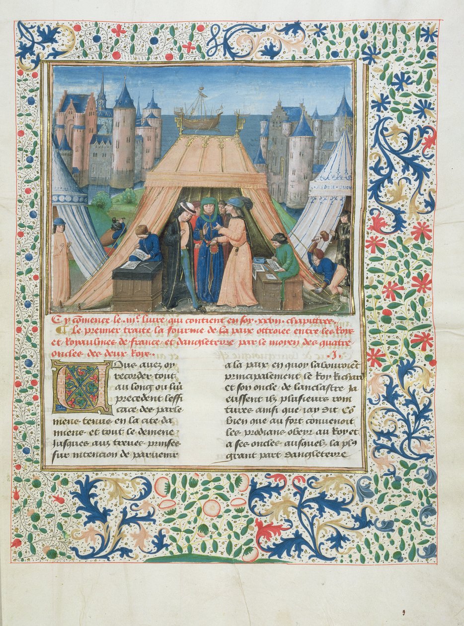 MS W201 f.147来自Chroniques dAngleterre的和平条约（Vol.IV）1475-80（牛皮纸上的蛋彩画） 作者 佛兰芒学校