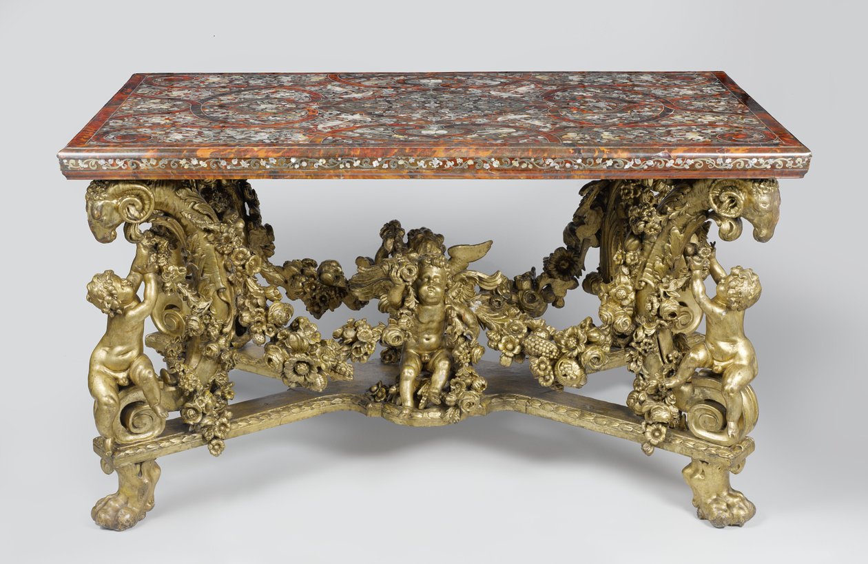 雕刻和镀金石灰木底座上的镶嵌桌，1689年 作者 佛兰芒学校