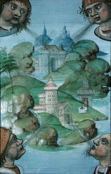 Hunter 9 f.47v 四个角的风吹拂着海面的风景，出自《De Medina Fen I. II》，作者Avicenna (980-1037)（牛皮纸）。 作者 佛兰芒学校