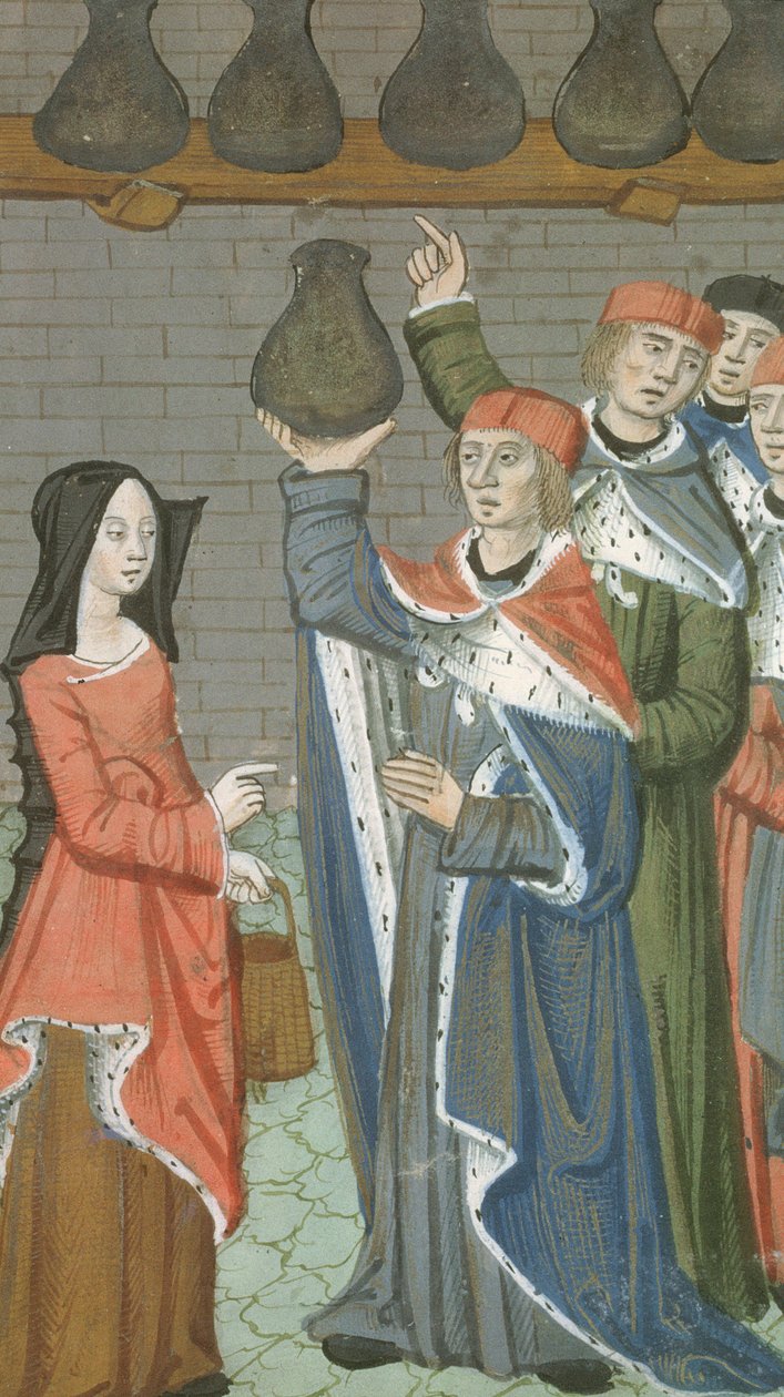 Hunter女士9 f.84r女子带着篮子带来尿壶大脑，来自De Medina Fen I. II，来自Avicenna（980-1037） 作者 佛兰芒学校