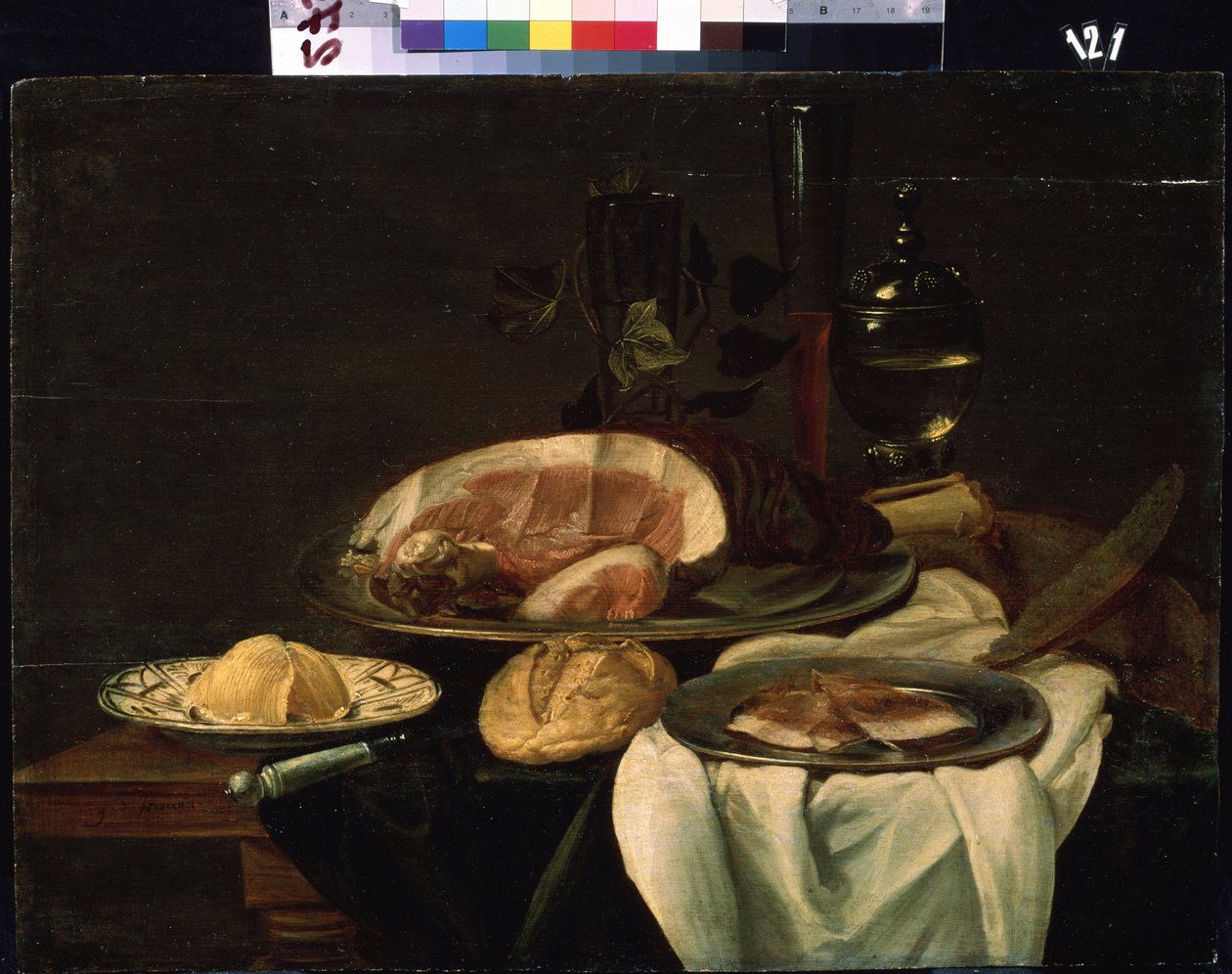 "静物哈姆，面包和黄油。荷兰画派绘画。1650 Mikhail Kroshitsky 艺术博物馆，塞瓦斯托波尔（塞巴斯托波尔），乌克兰 作者 佛兰芒学校