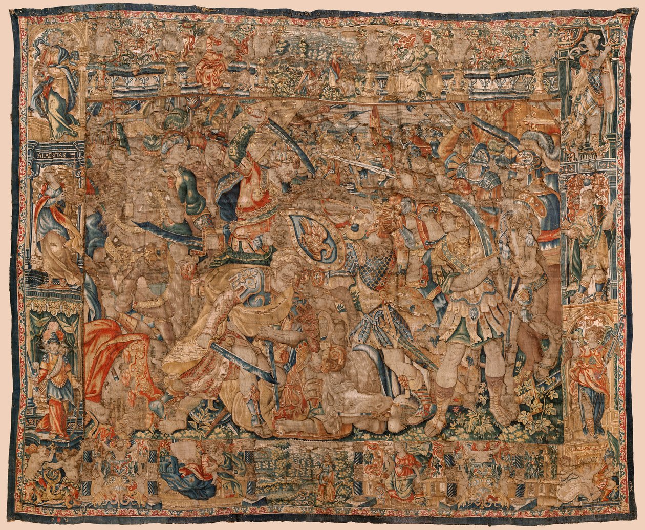 教区挂毯博物馆（Museo Parroquial de Tapices de Pastrana）。佛兰德挂毯。亚历山大和大流士与伊普索之间的战斗（Batalla entre Alejandro y Darío en Ipso）。布鲁塞尔。羊毛和丝绸。16 世纪。510x419 厘米。 作者 佛兰芒学校