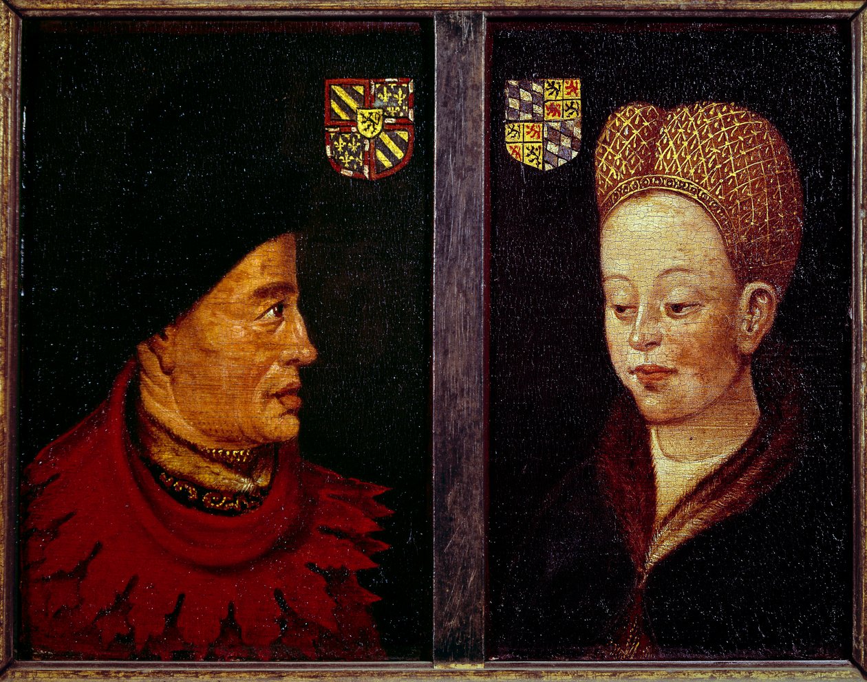 勃艮第公爵 (1371-1419) 和玛格丽特·德·巴维埃 (Marguerite de Baviere)，勃艮第公爵夫人 (1363-1423) 佛兰芒画派的无畏肖像。 15 世纪根特，美术博物馆 作者 佛兰芒学校