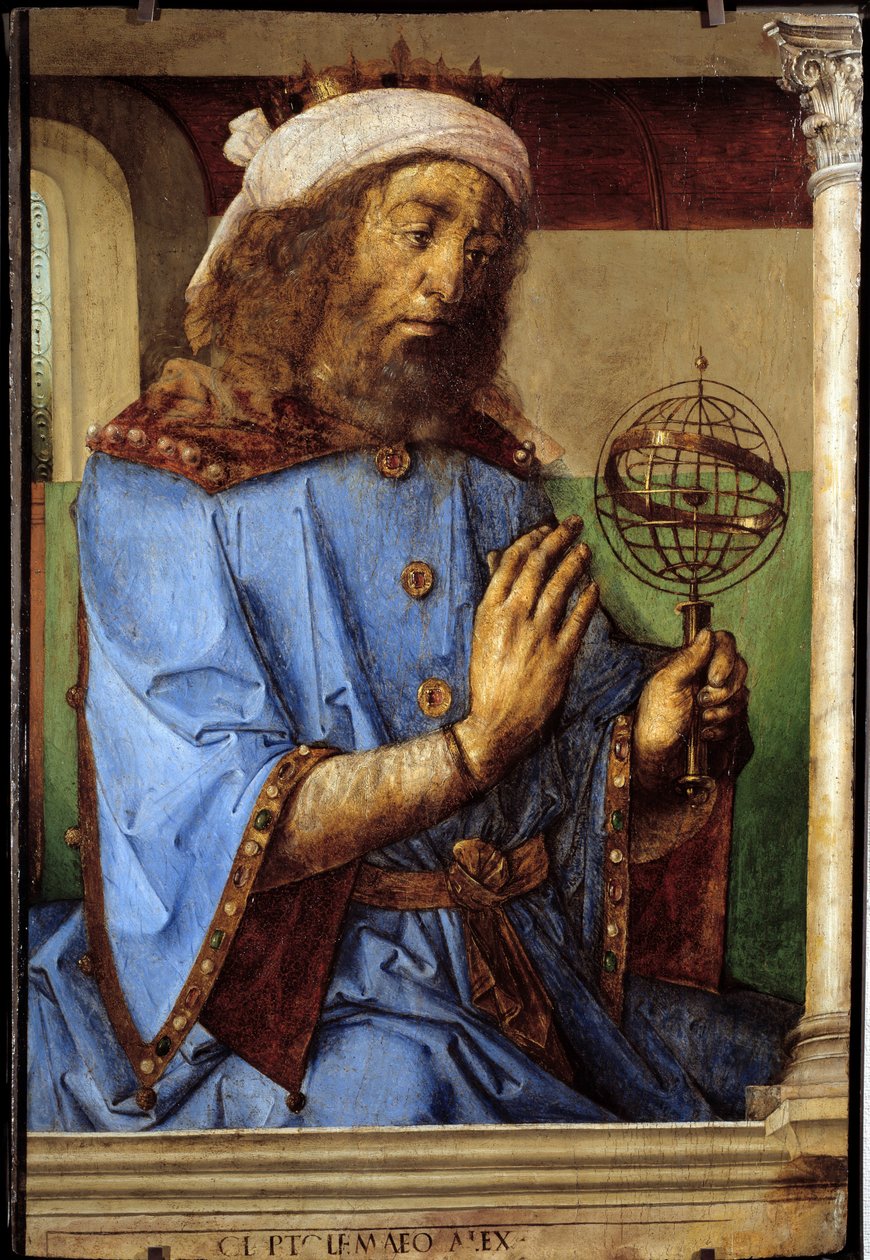 希腊天文学家托勒密 (Claudius Ptolemaeus, ca. 90-168) 的肖像。 Pedro Berruguete（约 1450-1504 年之前）和 Just Of Ghent（1435-1480）Ec 的绘画。 火焰 作者 佛兰芒学校