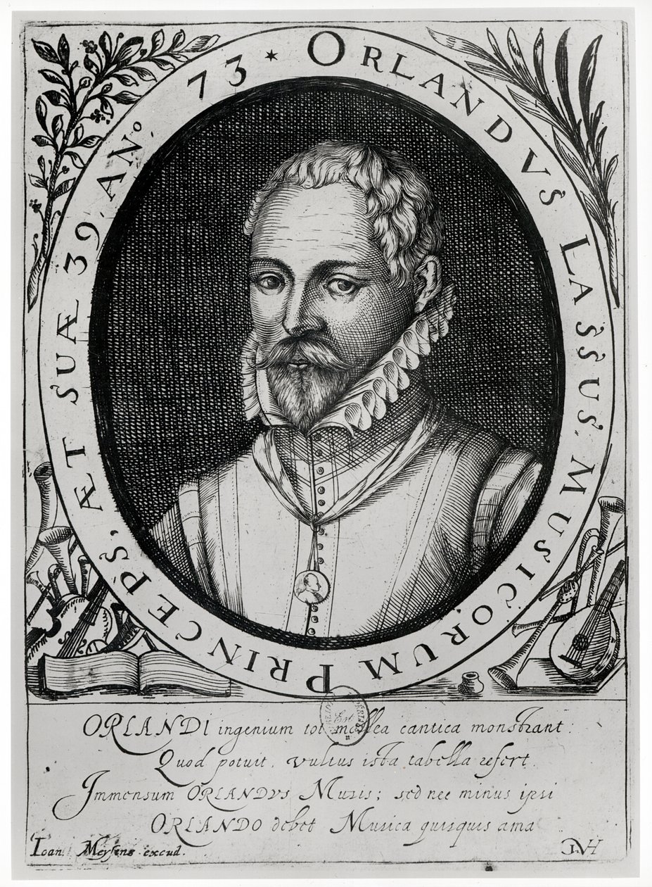 Roland de Lassus的肖像（1532-94）（雕刻）（bw照片） 作者 佛兰芒学校