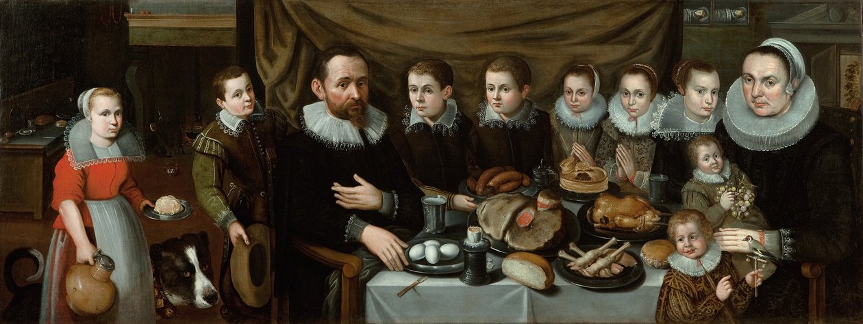一个家庭的画象在午间膳食，1610s 作者 佛兰芒学校