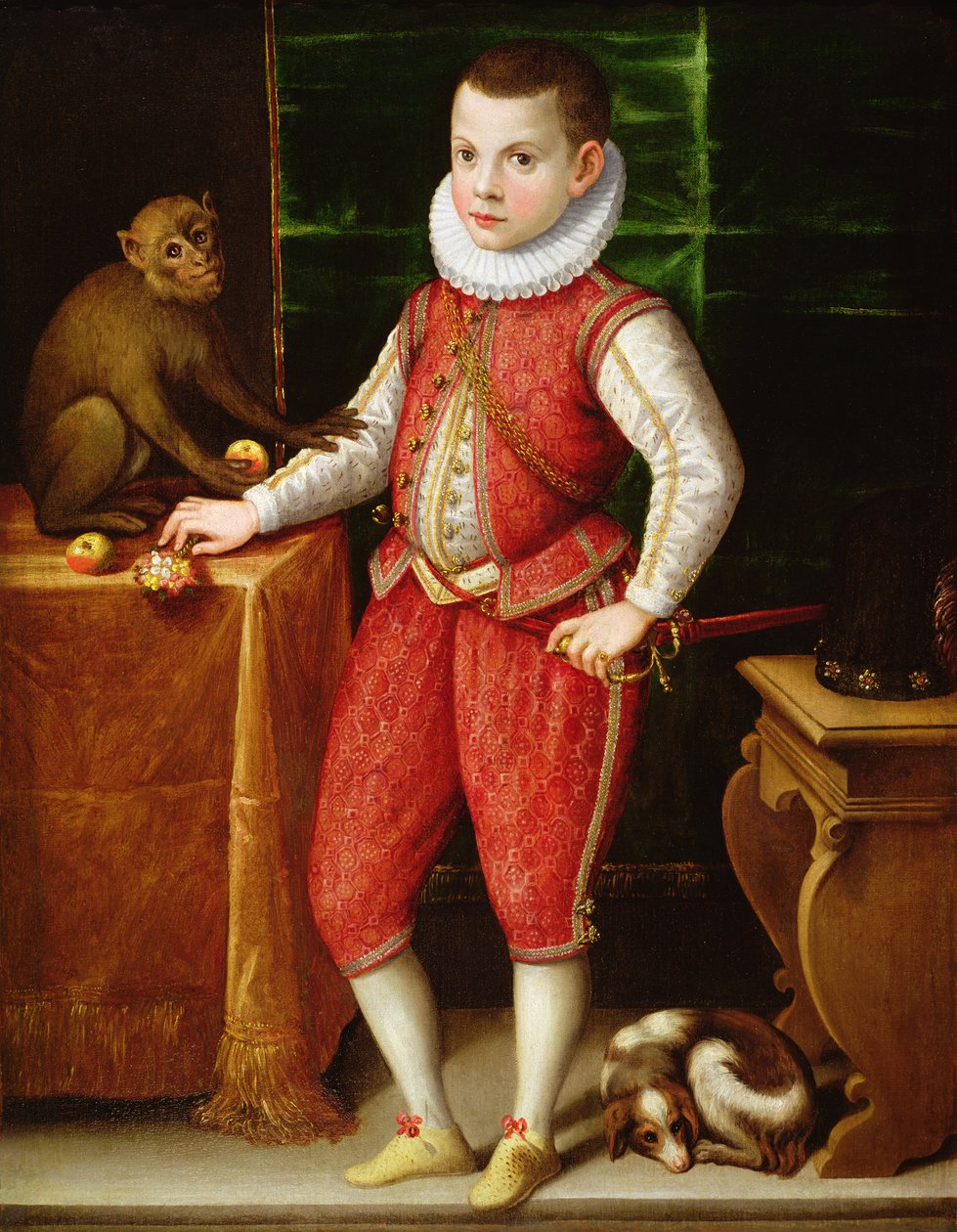一位年轻贵族的画象有猴子和狗的，c.1615 作者 佛兰芒学校