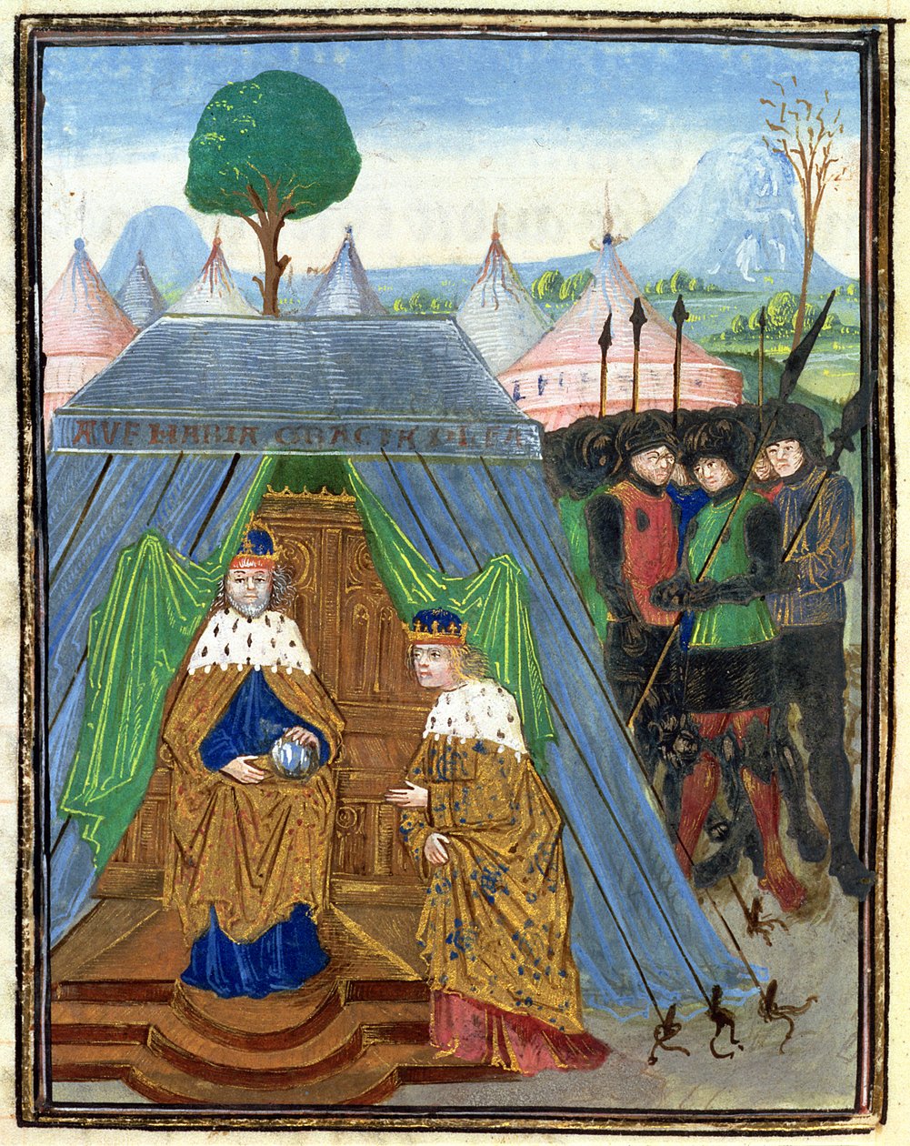 Roy 15 E I f.321v 鲍德温二世拜访 Manuel Comnenus，选自 Estoire d