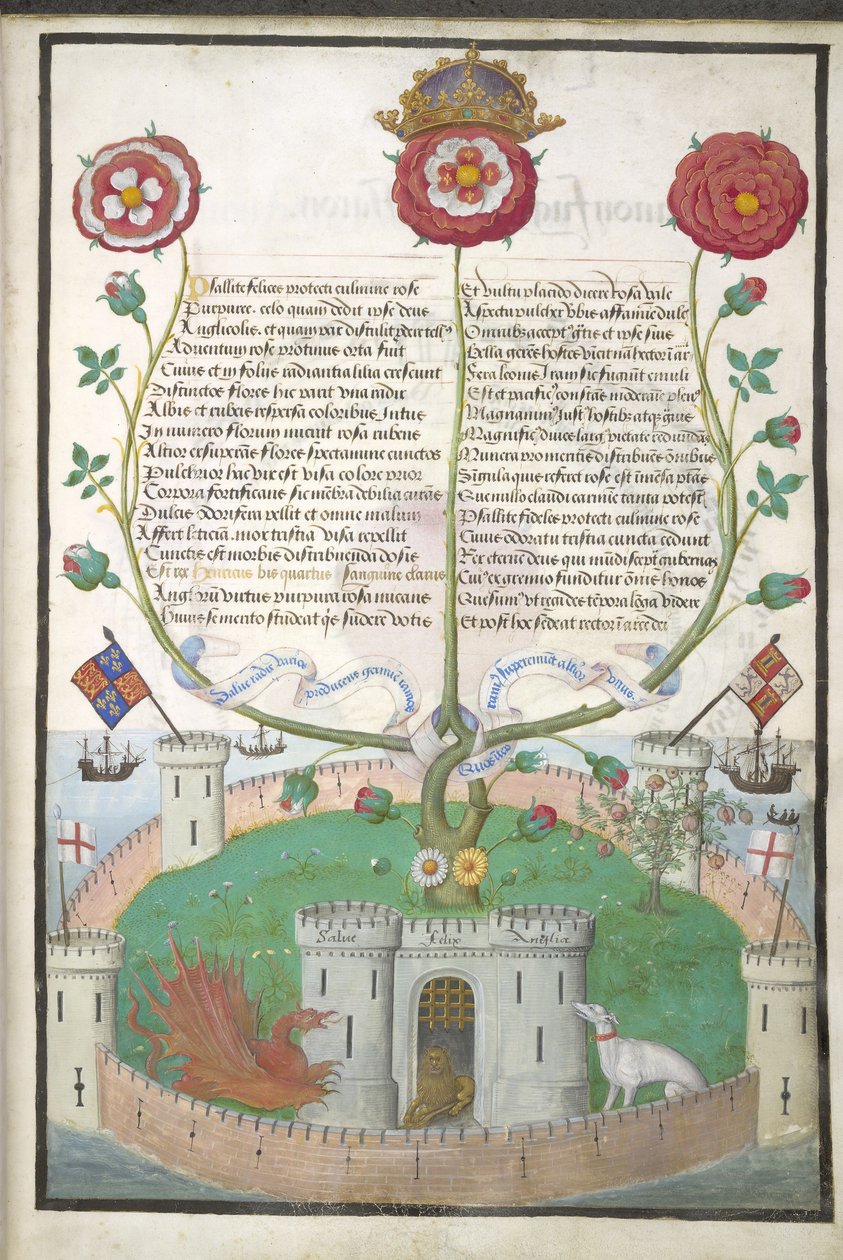 Royal MS 11 E Xl fol.2 Verses with Tudor symbols，c.1516（牛皮纸） 作者 佛兰芒学校