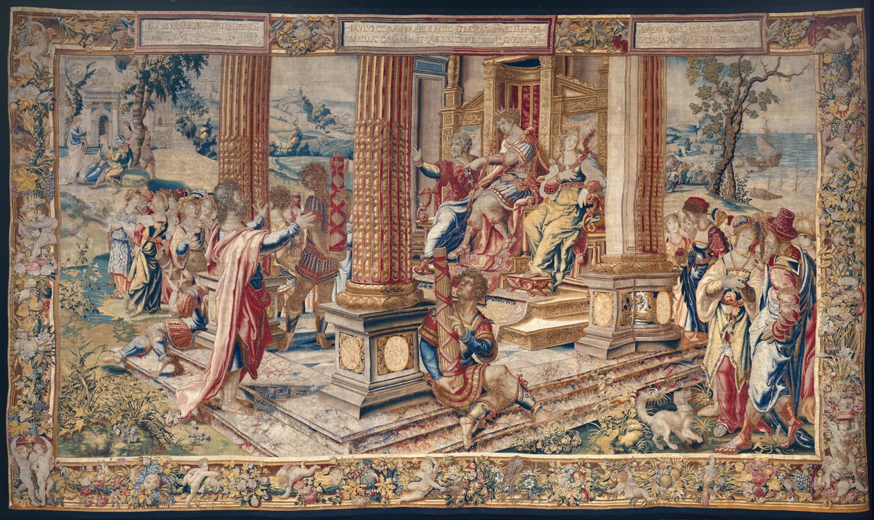 在Porcius Festus之前的圣保罗，Herod Agrippa国王和他的妹妹Berenice，1520年（羊毛和丝绸） 作者 佛兰芒学校