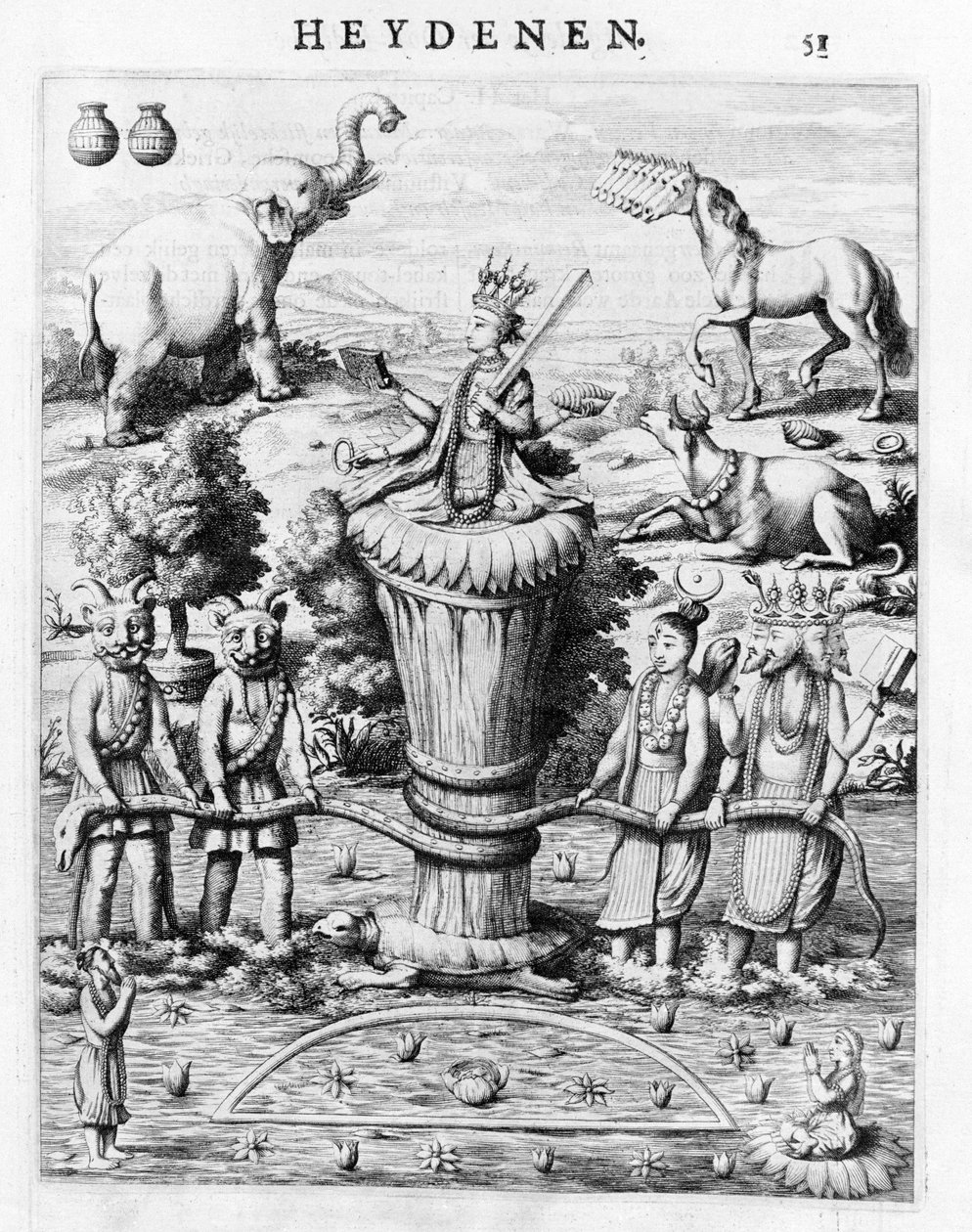 Samudramathana，由天神（苏里亚、湿婆、毗湿奴、梵天）与恶魔和坐骑共同参与。 根据 Baldaeus Philippus Afgoderye der oost-indische Heydenen。 阿姆斯特丹 1672 作者 佛兰芒学校