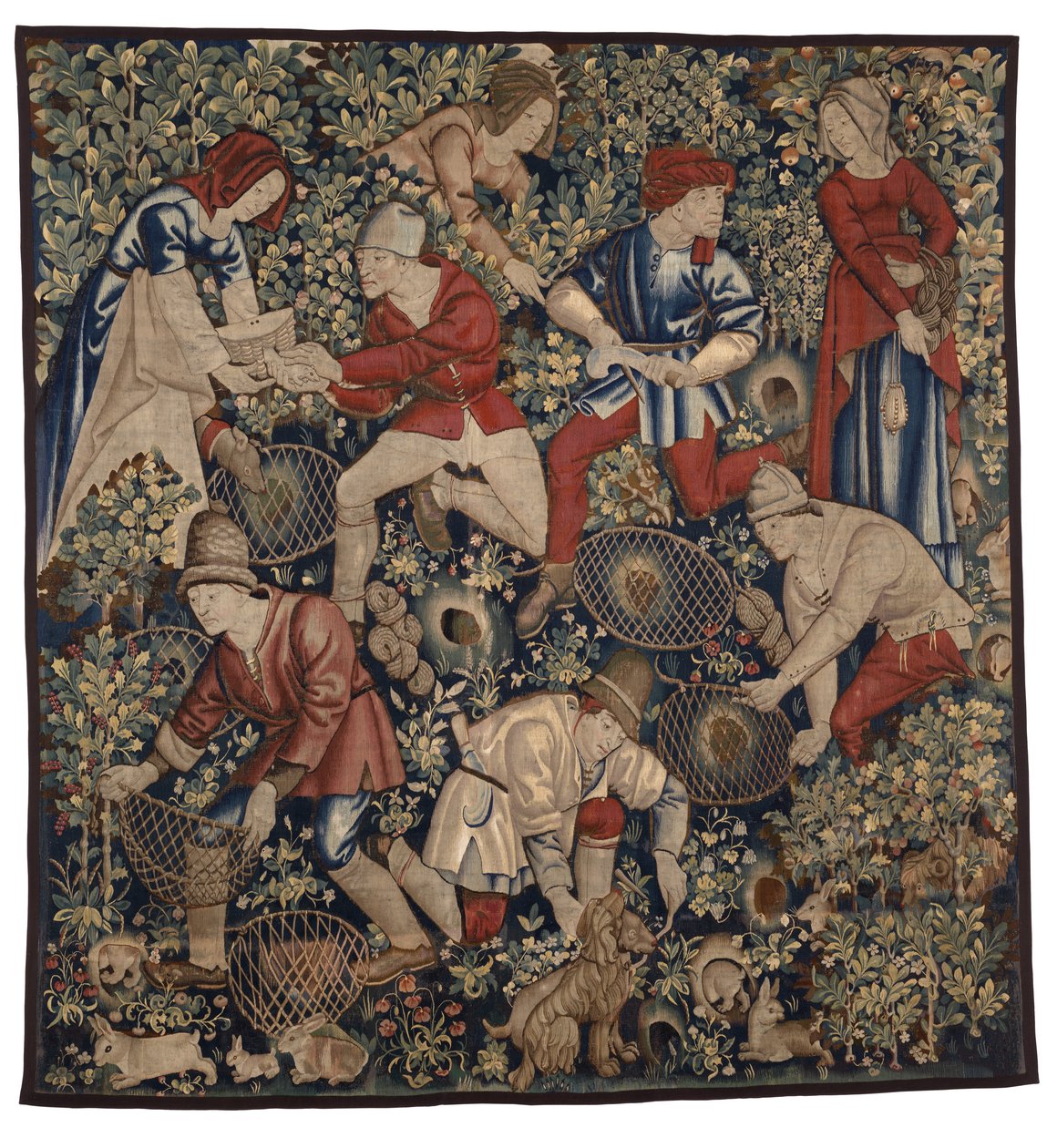 描绘农民用雪貂猎兔的挂毯，图尔奈，c.1450-75（羊毛） 作者 佛兰芒学校