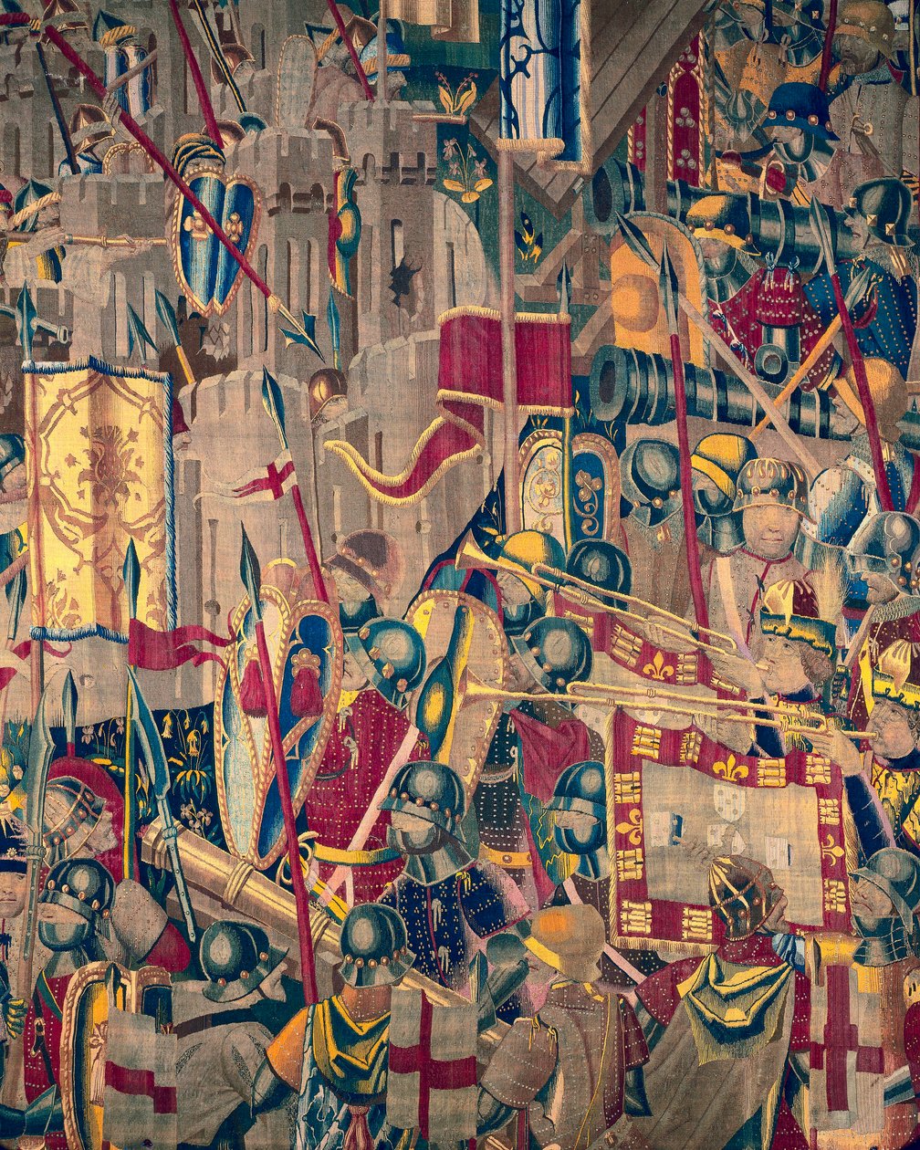 挂毯展示了葡萄牙国王阿方索五世 (Conquistas de Alfonso V de Portugal) 的征服，图尔奈。 细节。 （羊毛和丝绸） 作者 佛兰芒学校