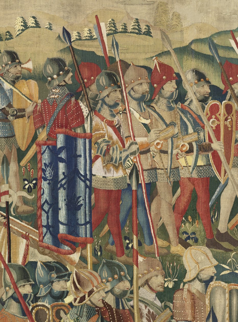 挂毯展示了葡萄牙国王阿方索五世 (Conquistas de Alfonso V de Portugal) 的征服，图尔奈。 细节。 （羊毛和丝绸） 作者 佛兰芒学校
