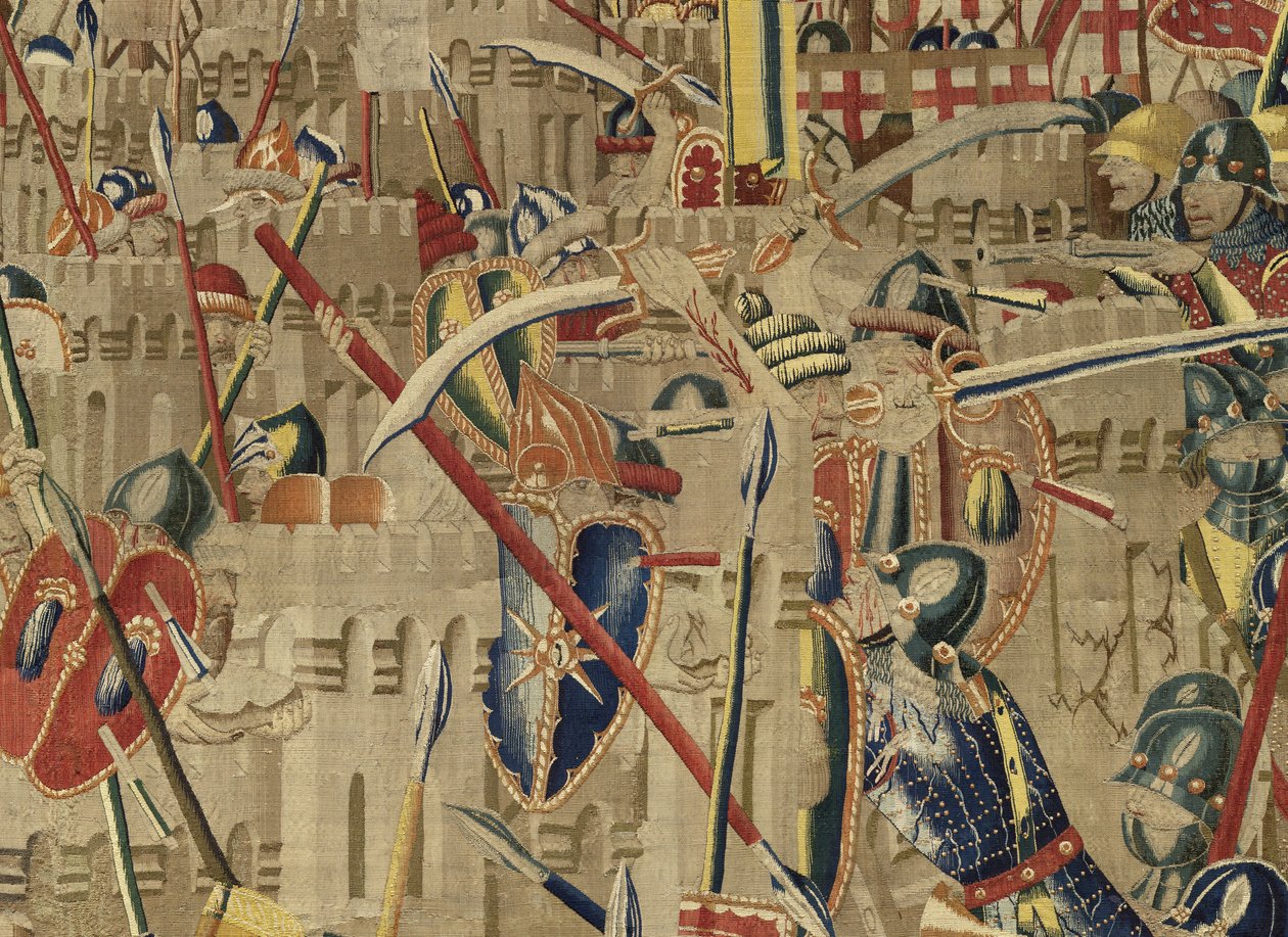挂毯展示了葡萄牙国王阿方索五世 (Conquistas de Alfonso V de Portugal) 的征服，图尔奈。 细节。 （羊毛和丝绸） 作者 佛兰芒学校
