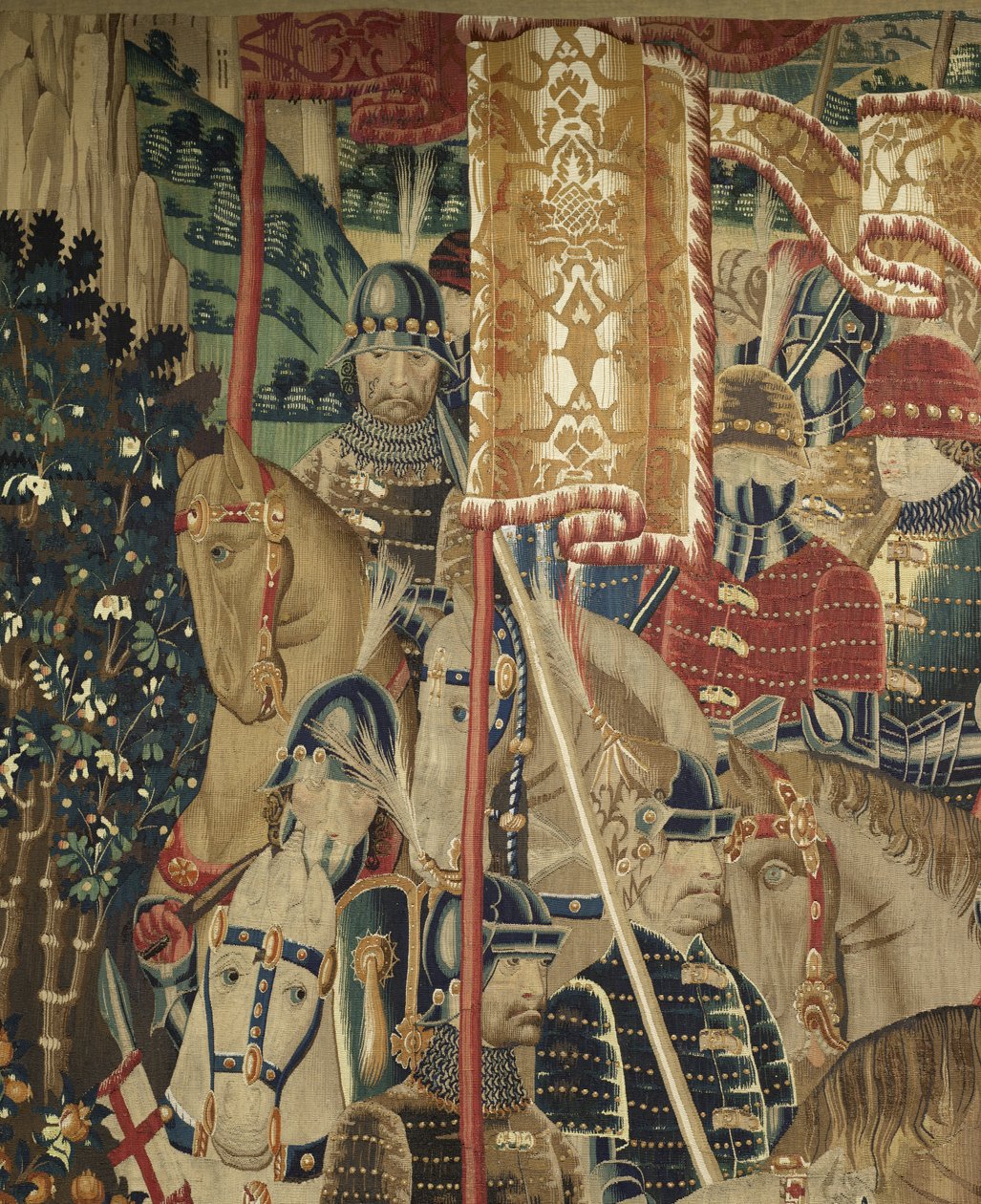 挂毯展示了葡萄牙国王阿方索五世 (Conquistas de Alfonso V de Portugal) 的征服，图尔奈。 细节。 （羊毛和丝绸） 作者 佛兰芒学校