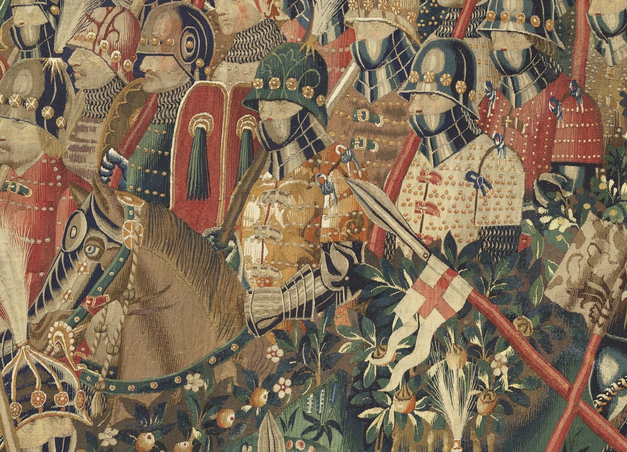 挂毯展示了葡萄牙国王阿方索五世 (Conquistas de Alfonso V de Portugal) 的征服，图尔奈。 细节。 （羊毛和丝绸） 作者 佛兰芒学校