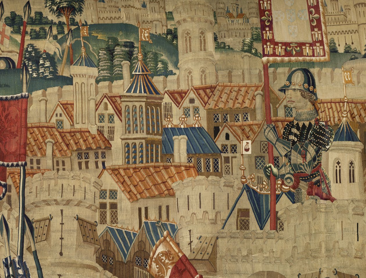 挂毯展示了葡萄牙国王阿方索五世 (Conquistas de Alfonso V de Portugal) 的征服，图尔奈。 细节。 （羊毛和丝绸） 作者 佛兰芒学校