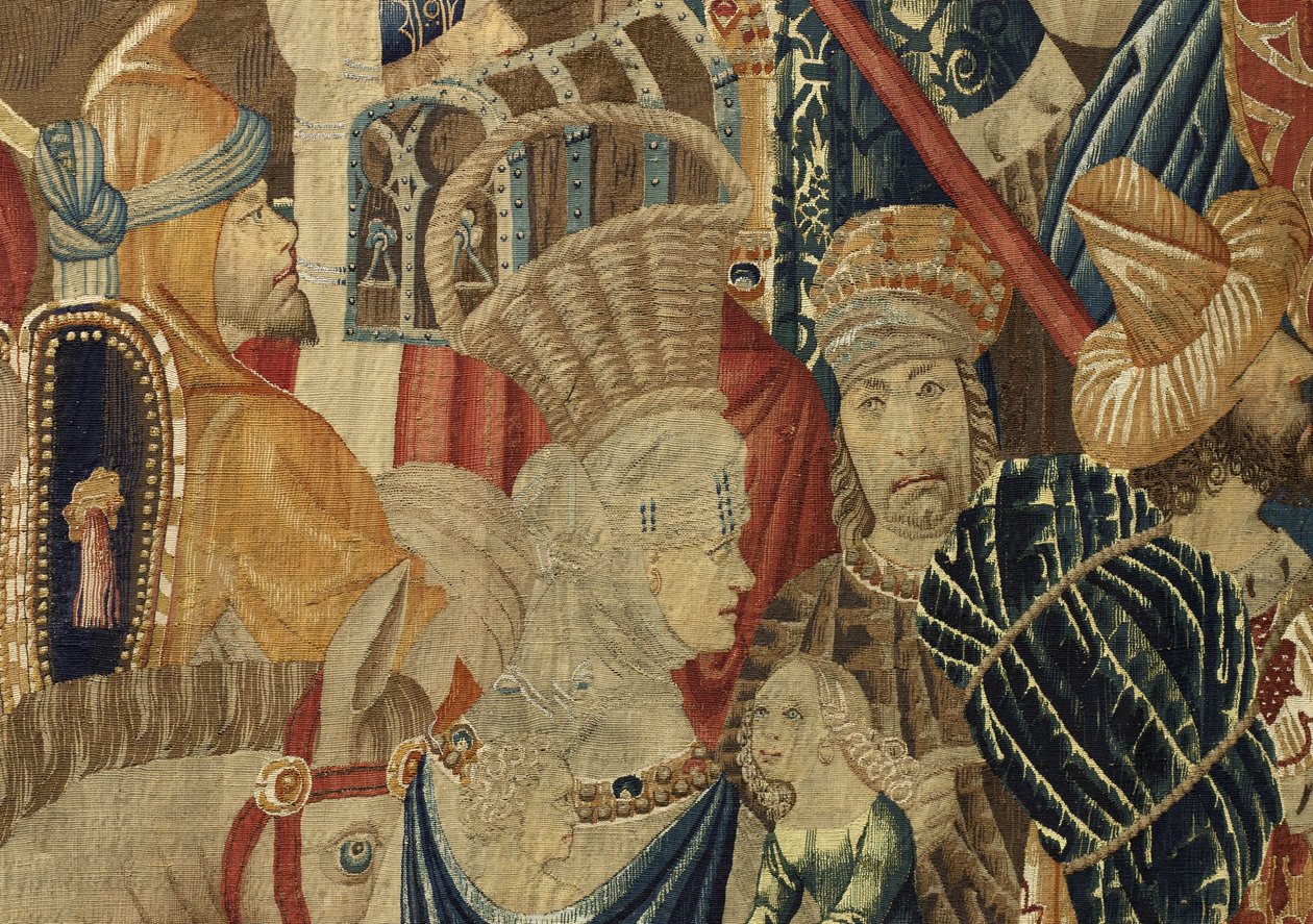 挂毯展示了葡萄牙国王阿方索五世 (Conquistas de Alfonso V de Portugal) 的征服，图尔奈。 细节。 （羊毛和丝绸） 作者 佛兰芒学校
