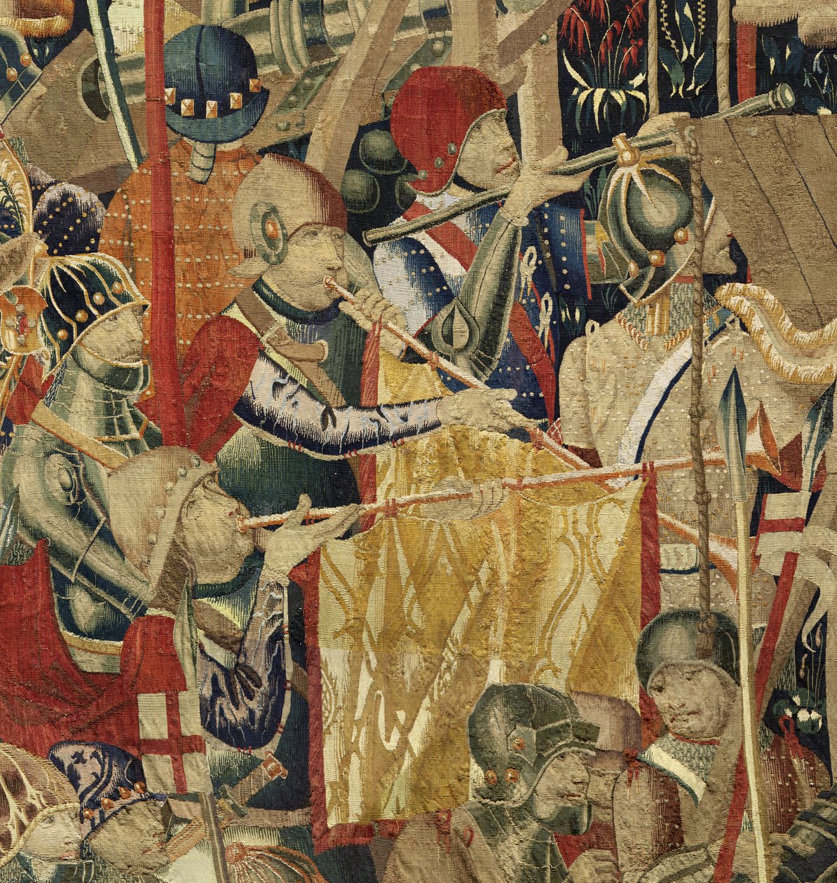 挂毯展示了葡萄牙国王阿方索五世 (Conquistas de Alfonso V de Portugal) 的征服，图尔奈。 细节。 （羊毛和丝绸） 作者 佛兰芒学校
