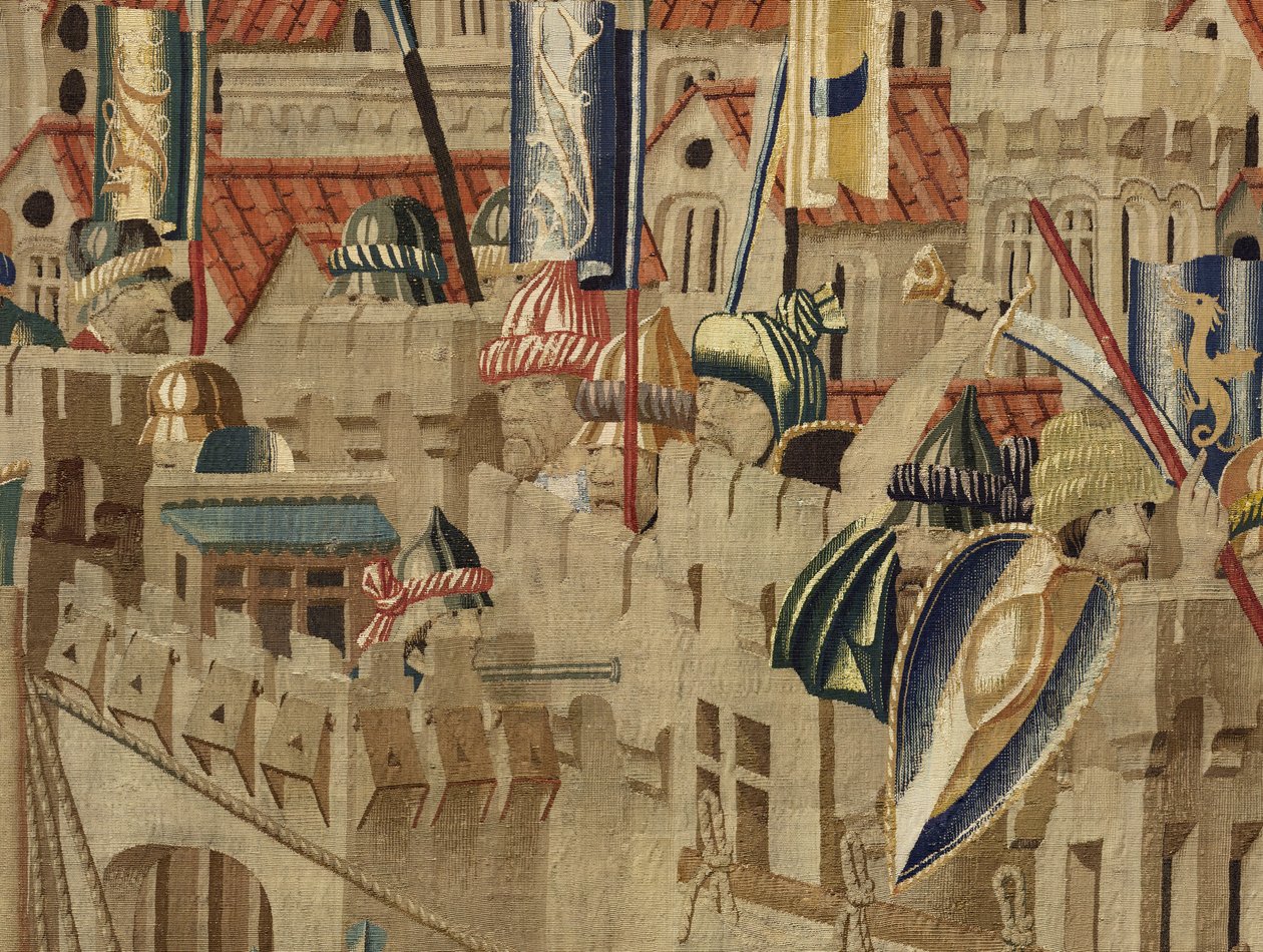 挂毯展示了葡萄牙国王阿方索五世 (Conquistas de Alfonso V de Portugal) 的征服，图尔奈。 细节。 （羊毛和丝绸） 作者 佛兰芒学校
